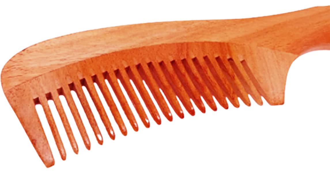 Rufiys Kacchi Neem Wood Hair Comb for Women & Men - Anti Dandruff Wooden Comb with Handle for Curly & Wavy Hair - Promotes Hair Growth - Perfect for Daily Hair Care & Scalp Massage