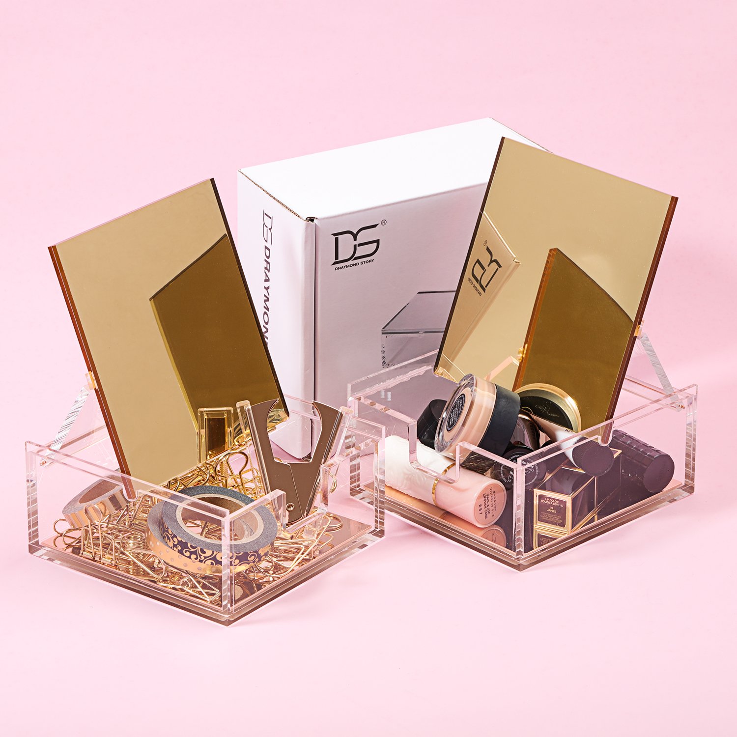 DS DRAYMOND STORY Gold Acrylic Mirror Jewelry Box - Elegant Wedding Gift Holder for Rings, Necklaces & Keepsakes - Perfect for Bridal Showers, Anniversaries & Special Occasions
