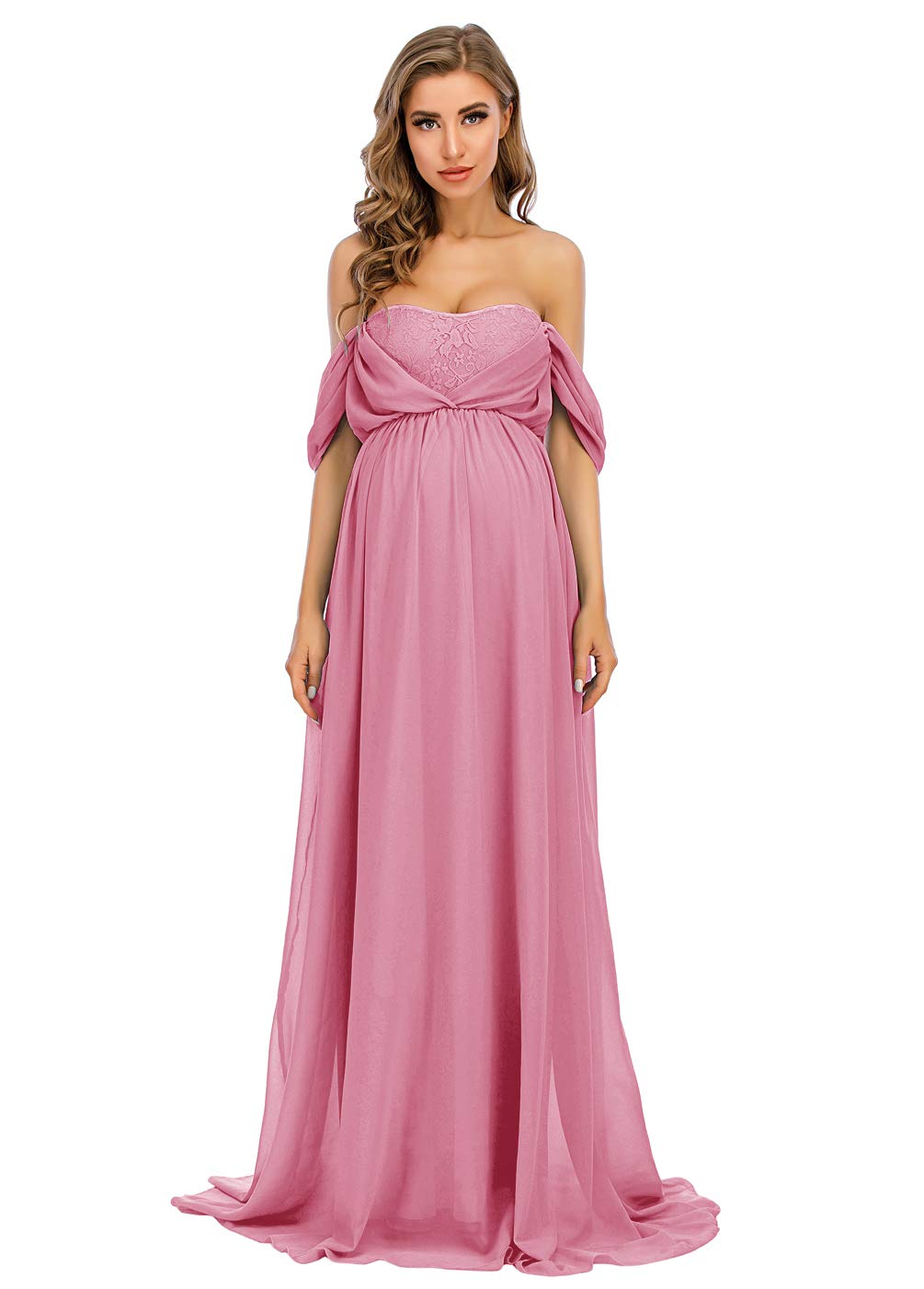ZIUMUDY Women's Maternity Off Shoulder Chiffon Maxi Dress - Elegant Lace Gown for Baby Shower, Bridesmaid Party & Photo Shoot | Perfect for Pregnancy Photoshoots, Bridal Events & Special Occasions