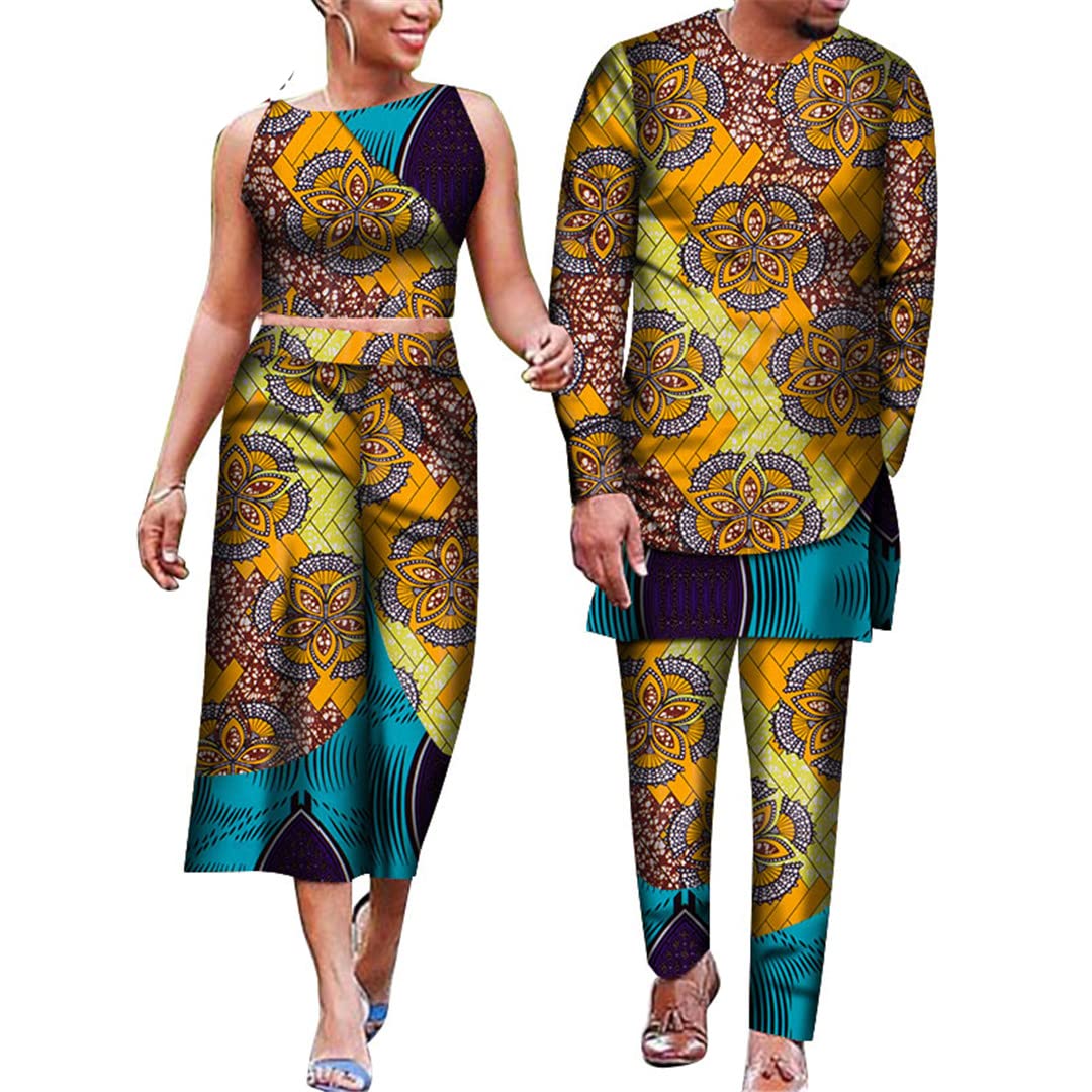 African Print Couple Matching Outfits - Floral Dashiki Crop Top & Skirt Set for Women, Men's Suit Plus Size 20 - Perfect for Valentine's Day, Anniversary Gifts & Cultural Events