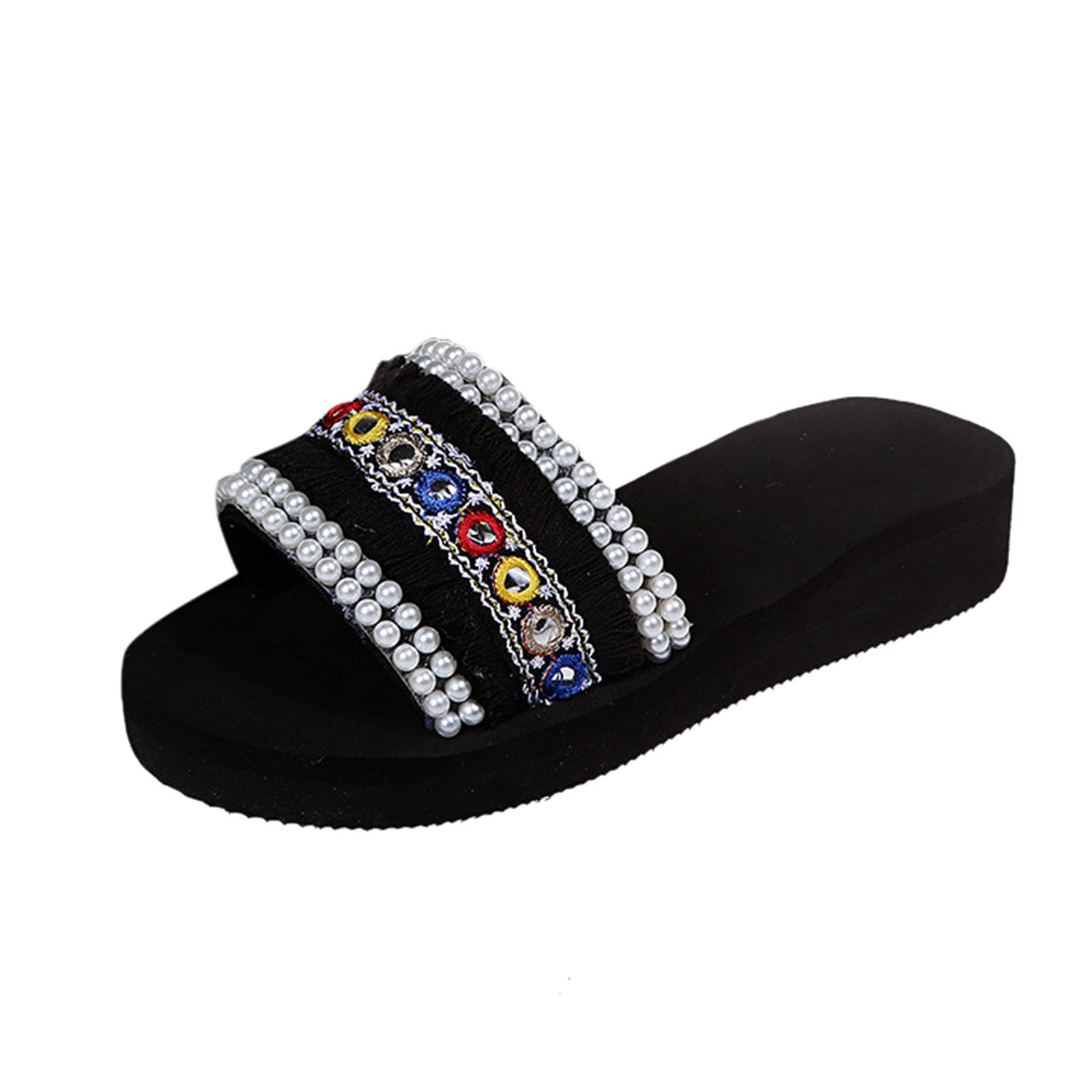Women's Casual Pearl Embellished Sandals - Sparkly Sequined Beach Slides, Large Size Comfortable Slippers for Women | Perfect for Summer Vacations, Pool Parties and Beach Outings