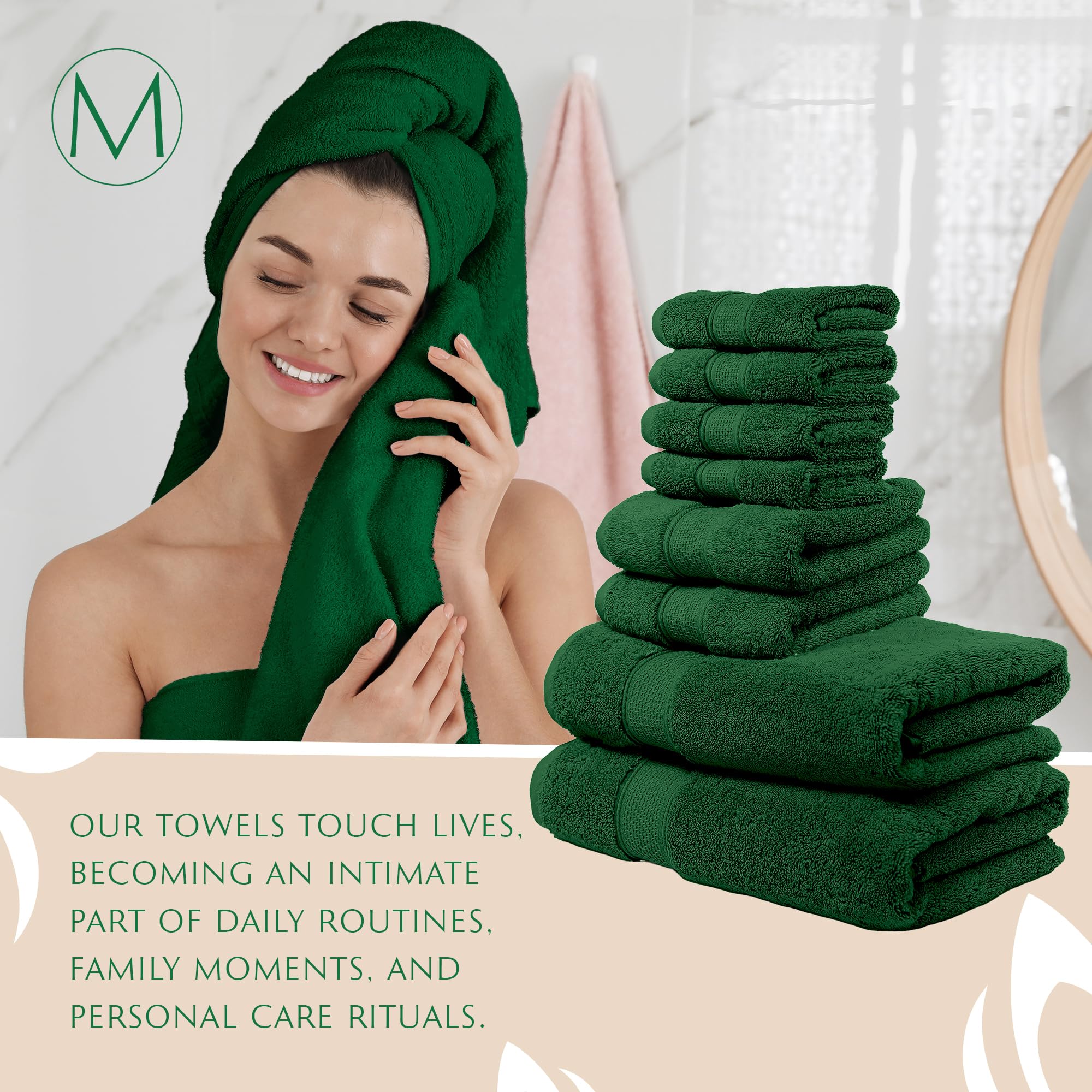 MAURA Hunter Green Bath Towel Set of 8 | Premium Turkish Cotton Luxury Bath Towels | Extra Large, Thick & Soft | Hotel & Spa Quality | Perfect for Bathroom, Guest Room & Spa Retreat
