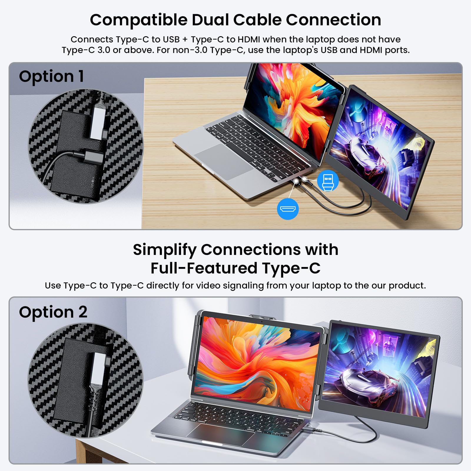 14'' FHD 1080P IPS Dual Portable Monitor for Laptop - Plug & Play USB-C External Screen for 13
