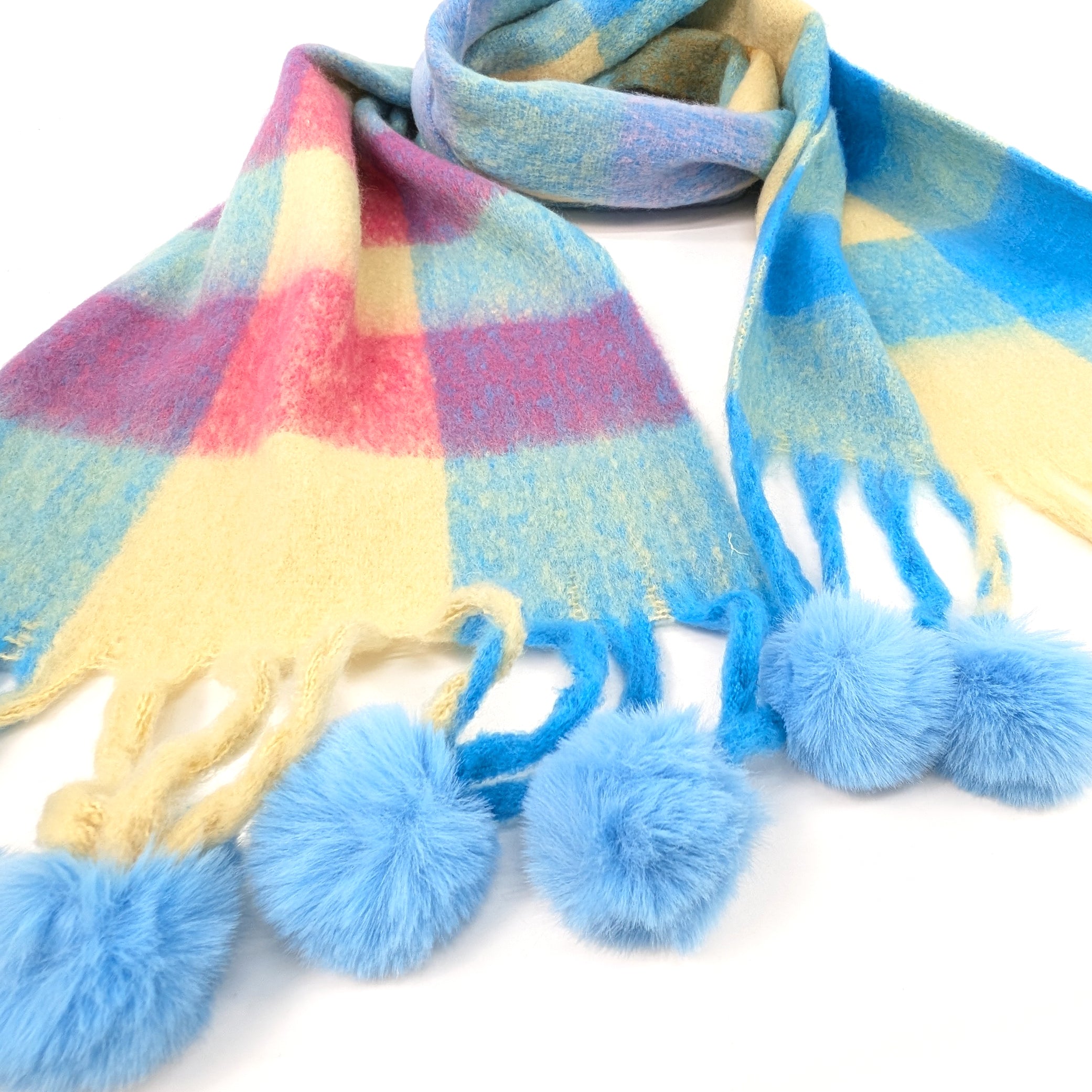 Extra Thick Check PomPom Scarf - 40x210cm Soft Winter Scarf for Women & Teens - Blue & Pink Plaid Fashion Scarf - Perfect for Cold Weather, Christmas Gifts & Outdoor Activities