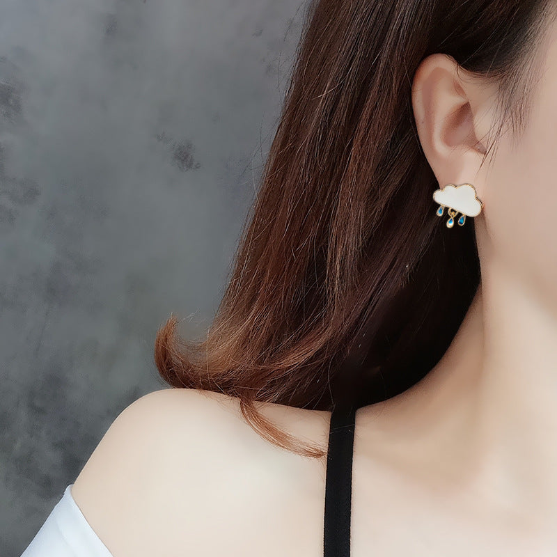 Tiny Cloud Raindrop Stud Earrings | Sterling Silver Minimalist Jewelry | HE3748 | Perfect for Everyday Wear & Gift Giving