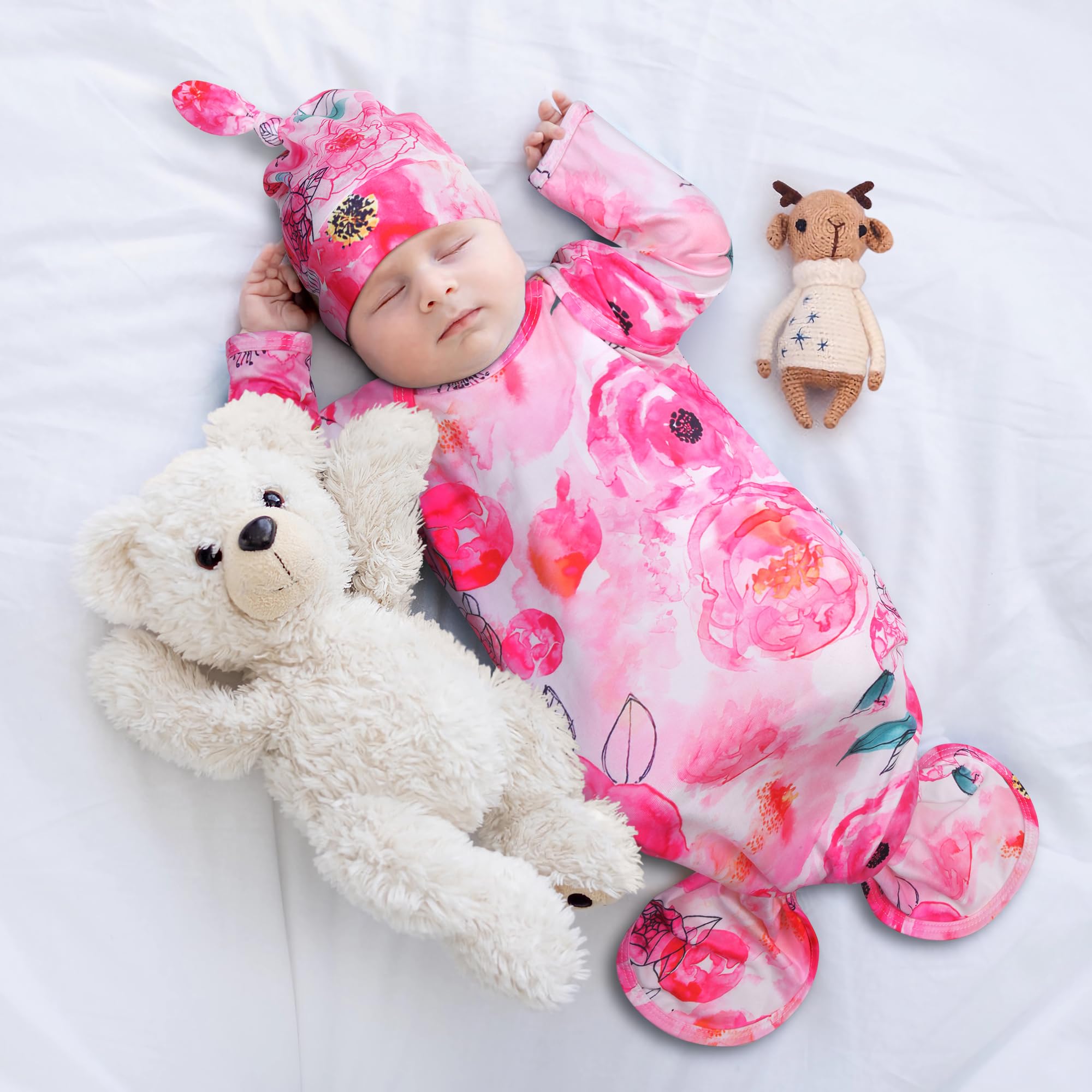 Super Soft Knotted Baby Gown for Newborn Girls | Breathable Infant Sleeper & Coming Home Outfit with Hat Set | Perfect for Nighttime, Hospital & Photo Shoots