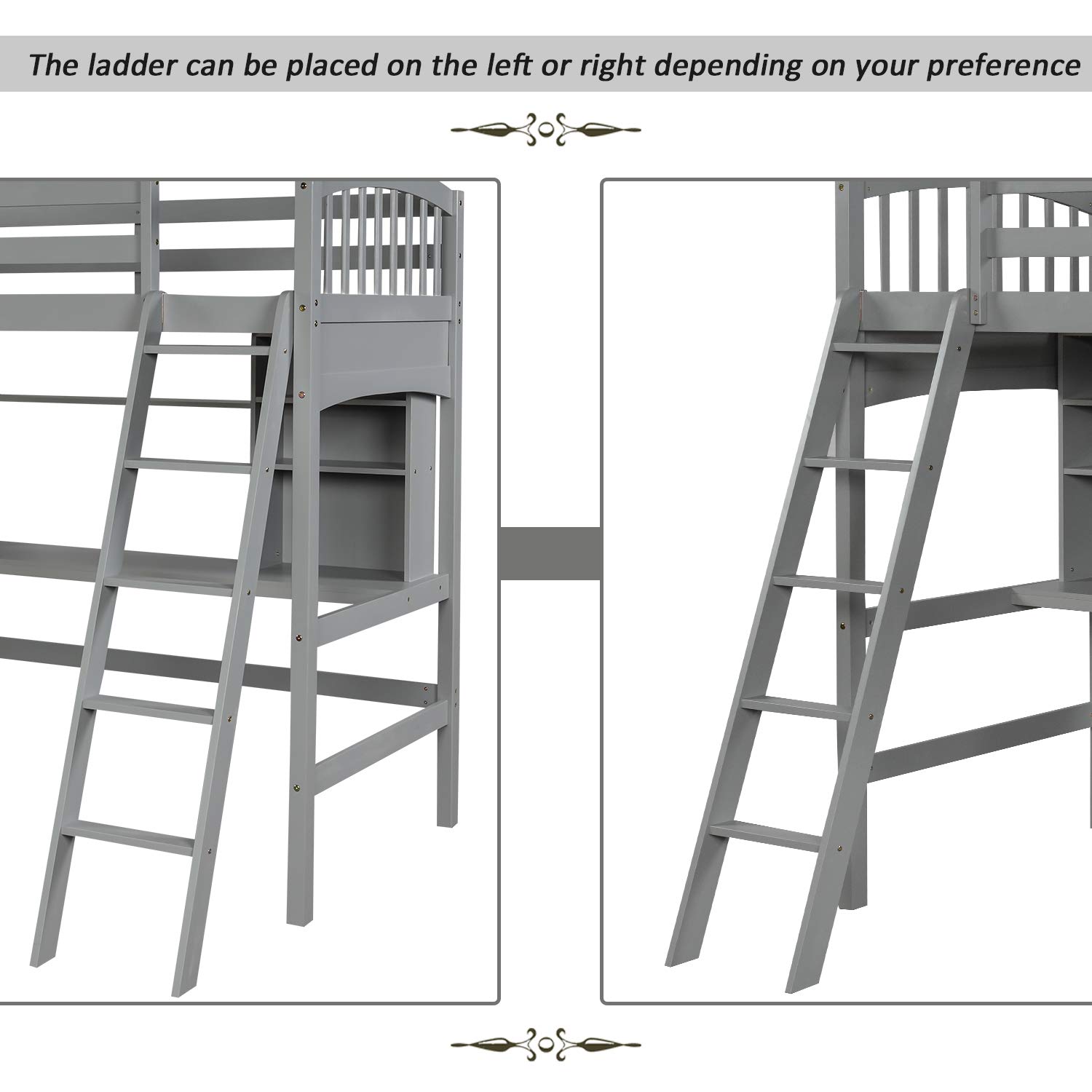 Twin Loft Bed with Desk & Storage Shelves - Sturdy Wood Frame with Guardrails & Angled Ladder for Kids, Teens & Adults - Space-Saving Grey Loft Bed (No Box Spring Needed) - Perfect for Small Bedrooms, Dorms & Studio Apartments