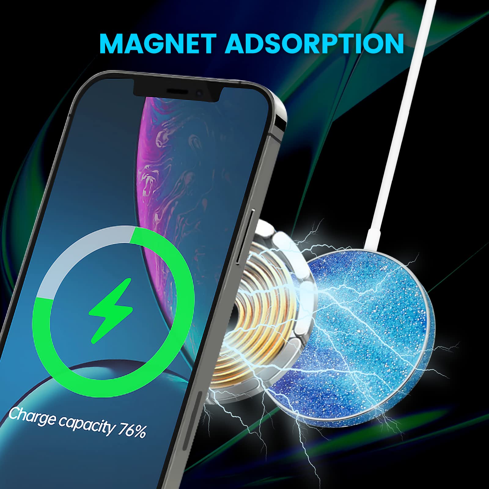 15W Max Qi-Certified Wireless Charger Pad with Bling Design - MagSafe Compatible for iPhone 13/14/12/11/X/XR/SE, AirPods & Galaxy Note/S21/S20/S10/S9 | Fast Charging with Type-C Cable (No AC Adapter) | Perfect for Bedside, Office & Car Use (Natural White)