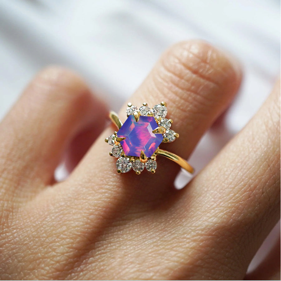 Natural Lavender Opal Hexagon Gemstone Ring for Women - Elegant Handmade Sterling Silver Jewelry - Perfect for Weddings, Parties & Special Occasions