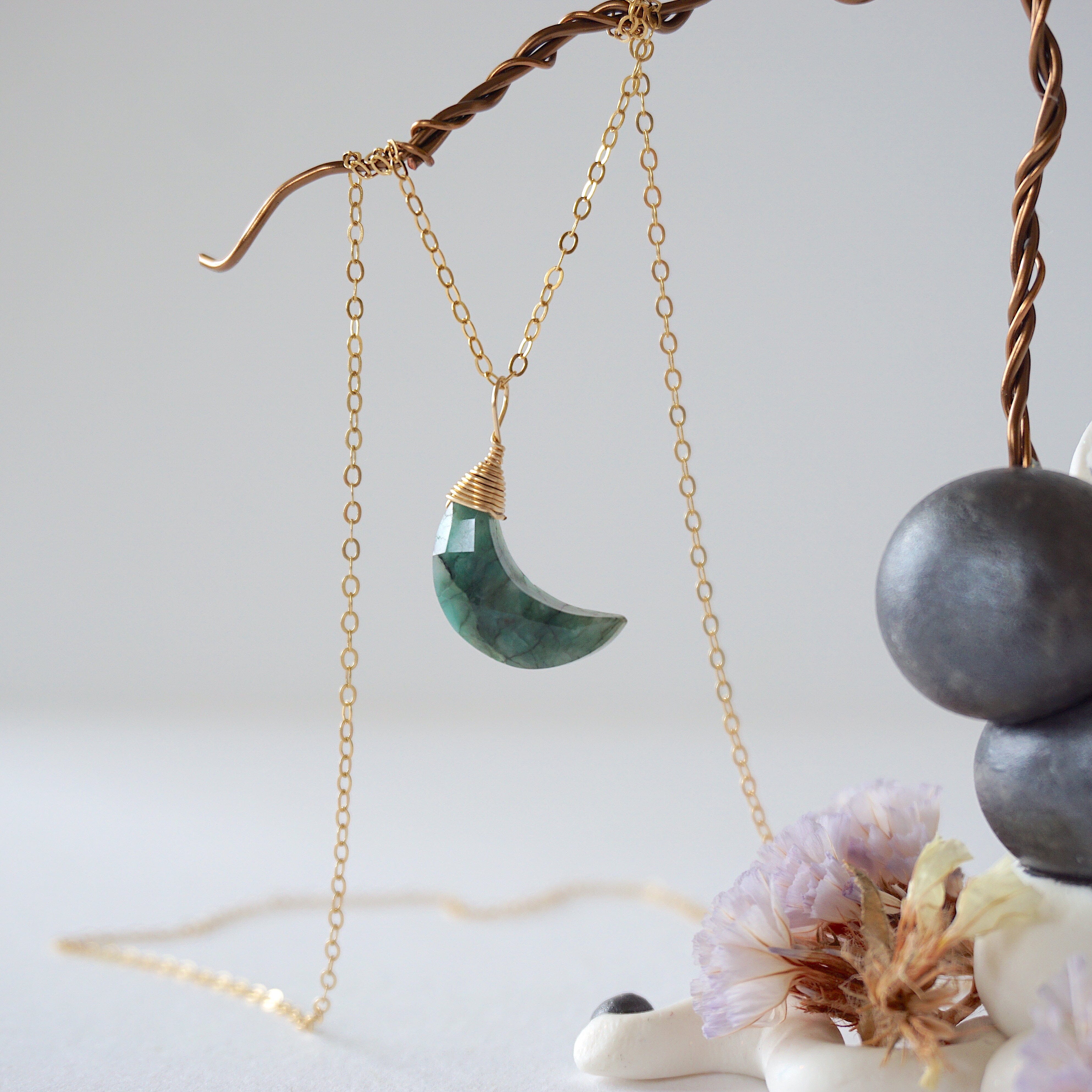 14K Gold Filled Emerald Moon Charm Necklace for Women - Elegant Celestial Jewelry Gift for Birthday, Anniversary & Special Occasions