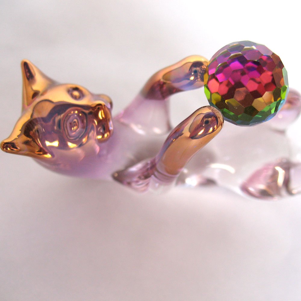 Hand Blown Glass Cat Figurine with Crystal Ball & String - Unique Home Decor, Gift for Cat Lovers, Feng Shui & Meditation Accessory