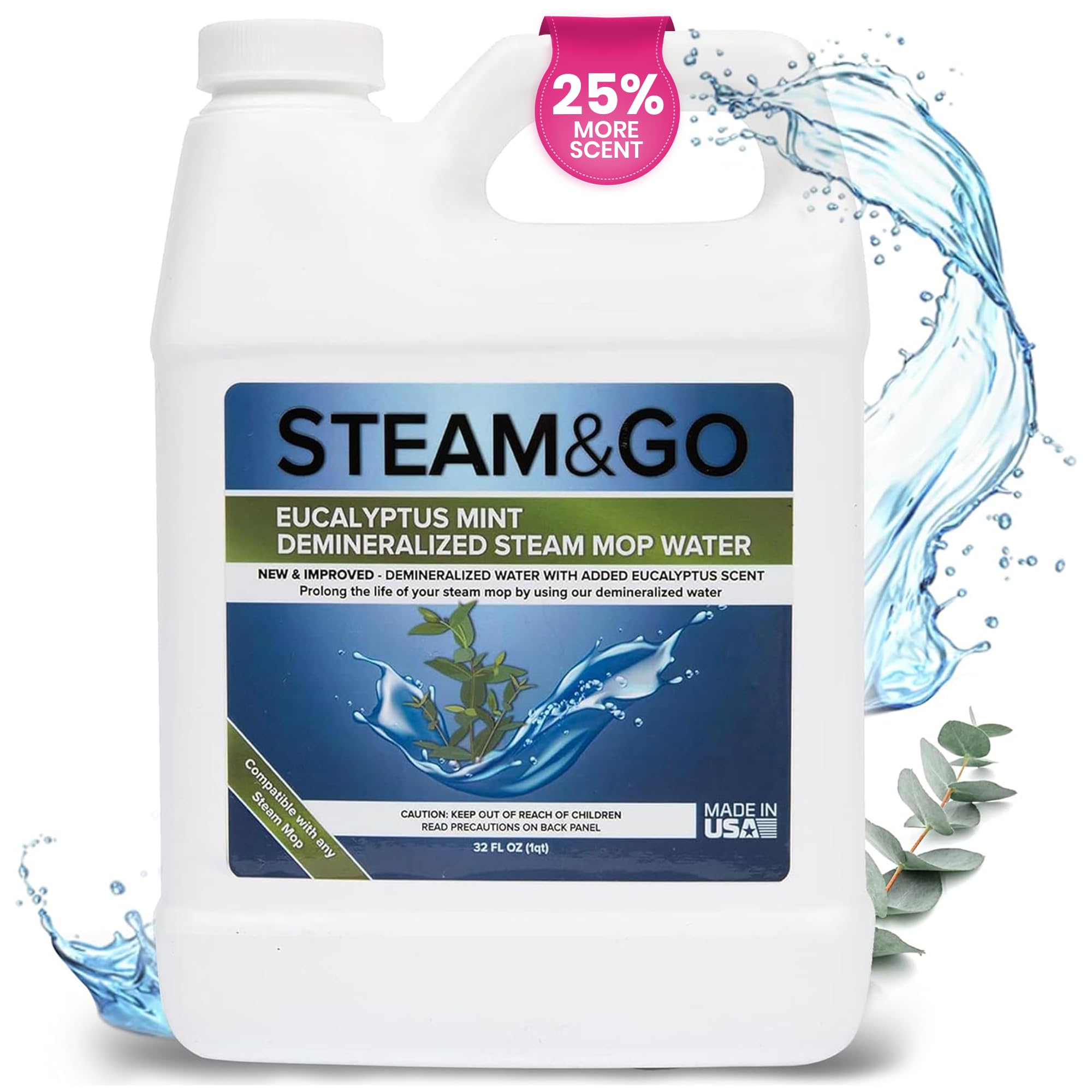 Steam & Go - Demineralized Water for Steam Cleaners | PVC-Free Floor Cleaning Solution | Compatible with All Steam Mops | Ready-to-Use Multi-Surface Cleaner | Refreshing Eucalyptus Mint Scent | 32 oz Bottle | Perfect for Hardwood, Tile & Laminate Floors