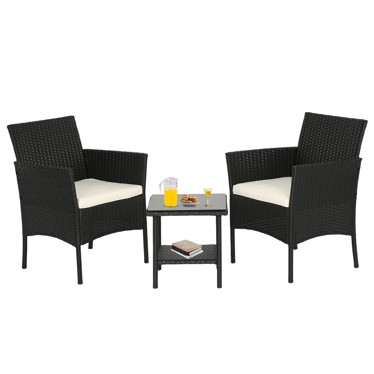 Outdoor Wicker Bistro Set with Coffee Table - Rattan Patio Furniture for Backyard, Porch, Poolside, Balcony & Garden - Black Conversation Seating for Relaxing & Entertaining
