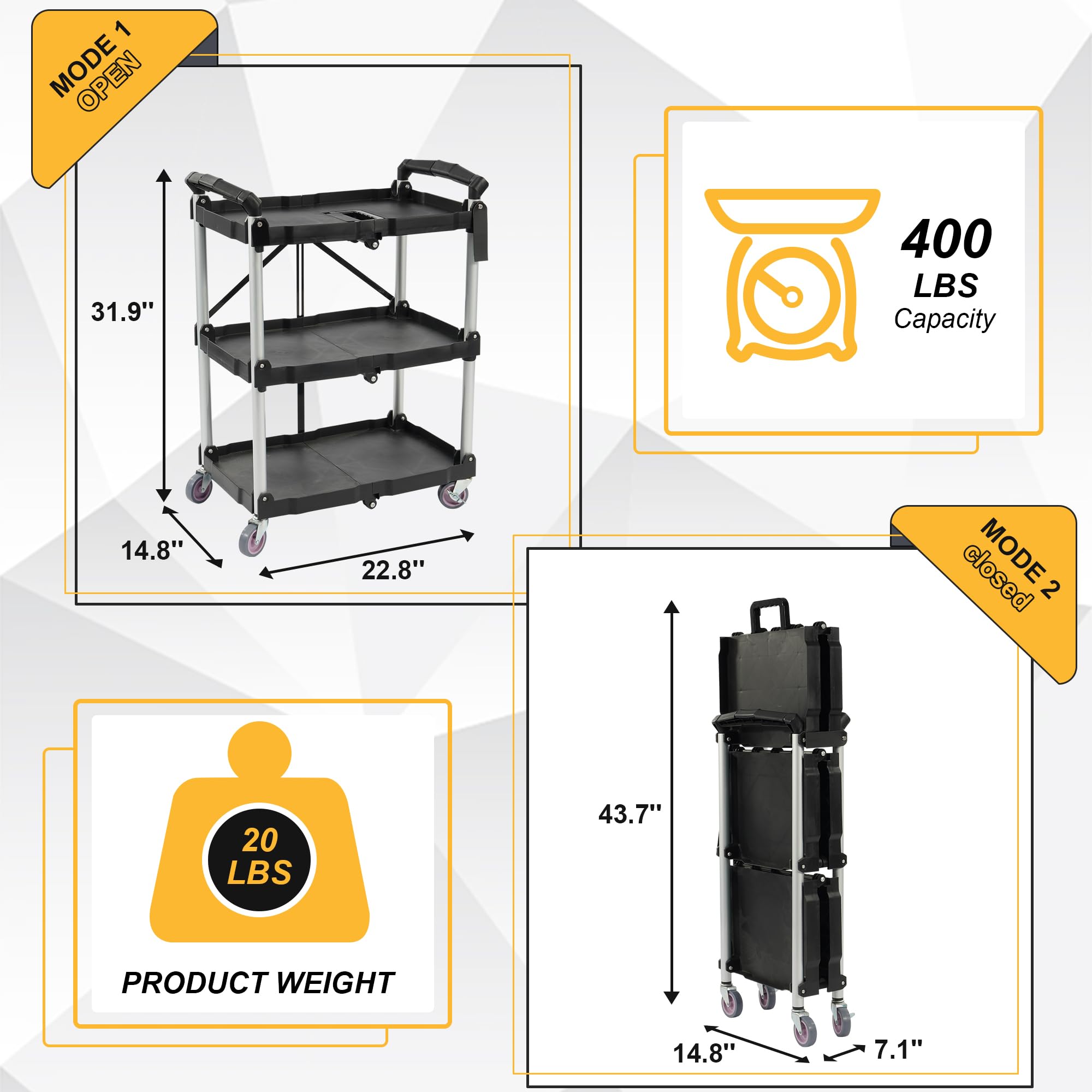 Foldable 3-Tier Utility Cart with Wheels - Portable & Collapsible Service Cart for Office, Warehouse, Home - Perfect for Moving Supplies, Groceries, and Storage Organization (Black)