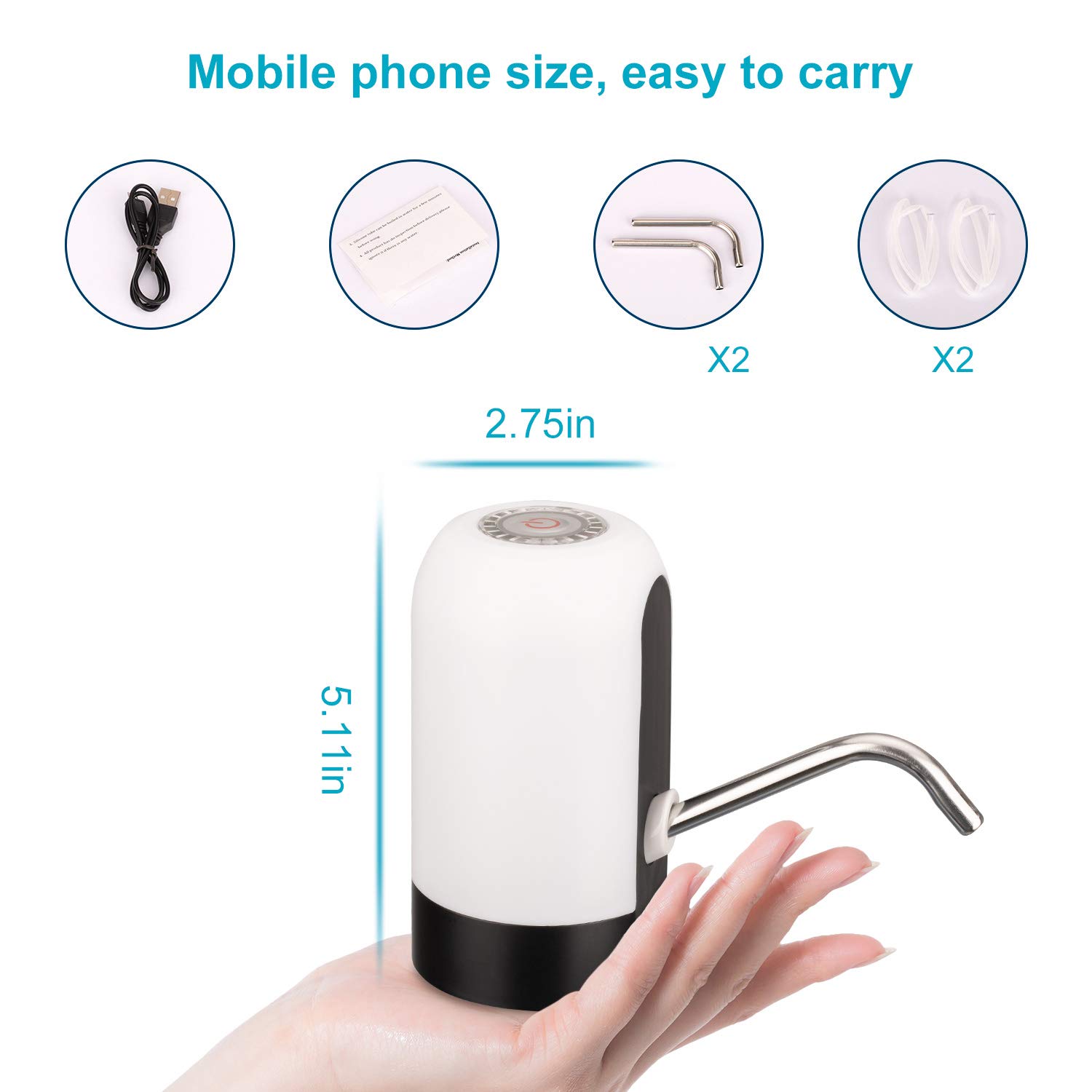 5 Gallon Rechargeable Water Bottle Pump Dispenser - One Button Operation with Replaceable Suction & Outlet Pipe - Perfect for Home, Office, Camping & Emergency Water Supply