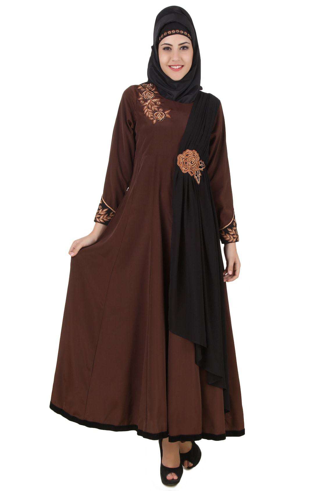 Elegant Brown Crepe and Georgette Eid Abaya Dress for Women - Perfect for Islamic Holidays, Prayer & Special Occasions