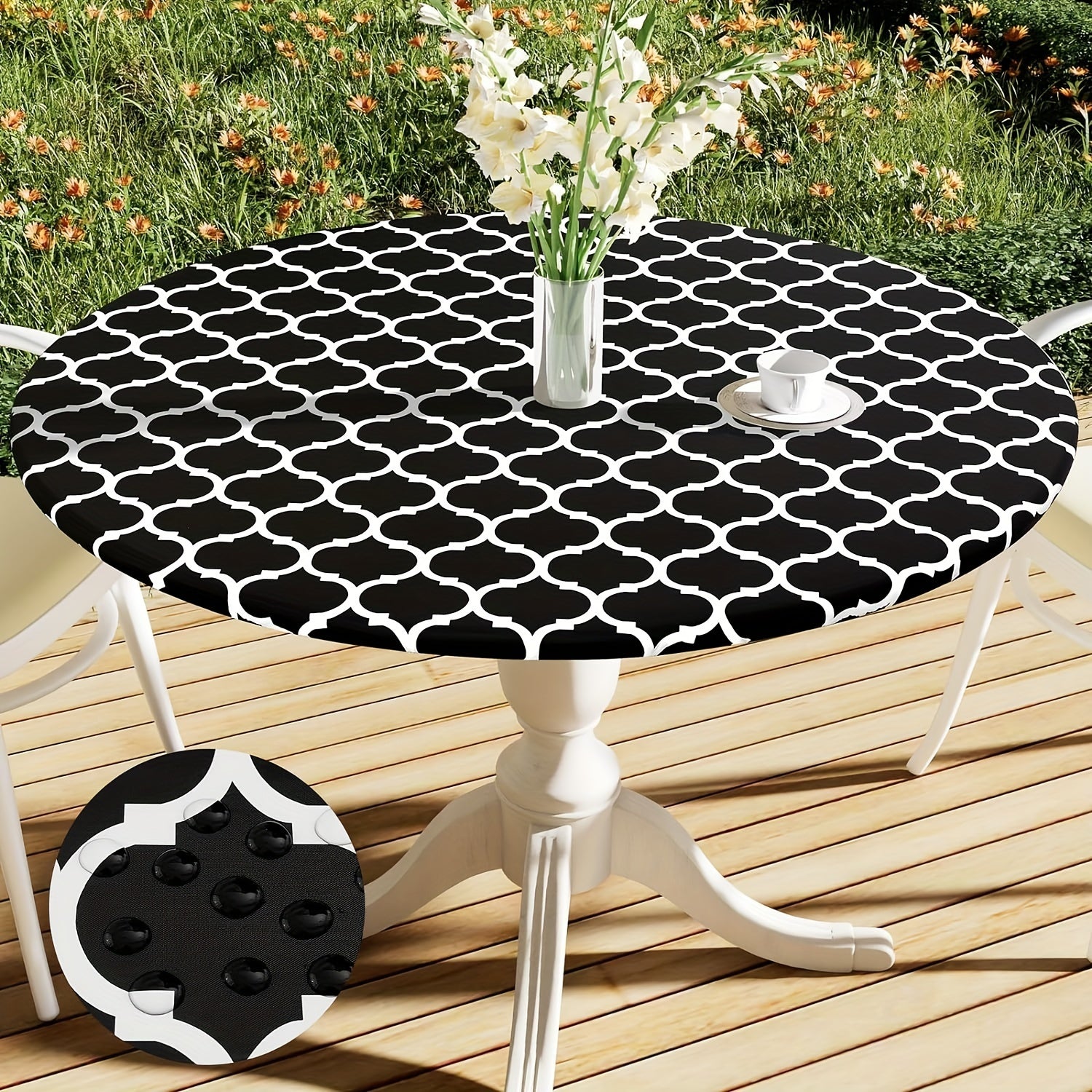 100% Vinyl Round Moroccan Tablecloth - Waterproof & Oil Proof with Flannel Backing, Elastic Edges for Indoor, Outdoor, Patio, Picnic, Camping - Perfect for Dining, BBQs, and Outdoor Gatherings