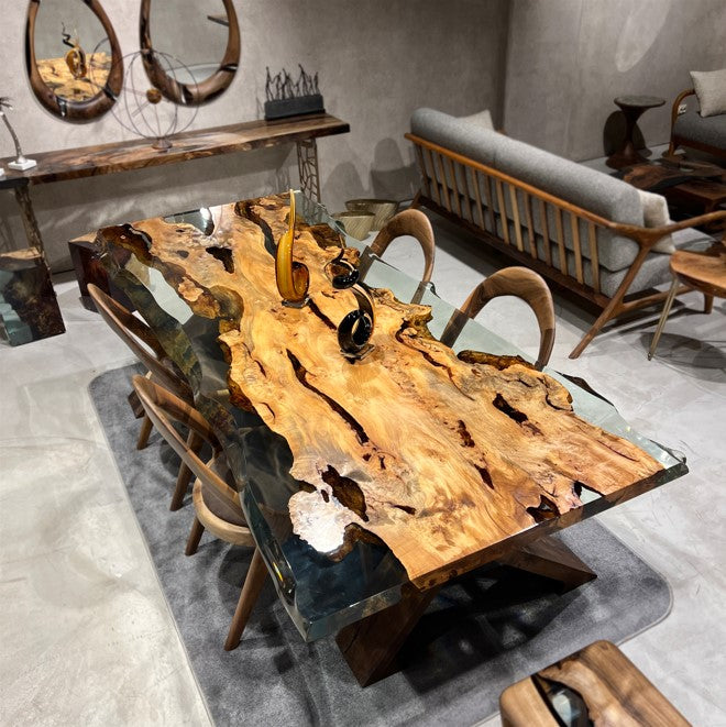 Solid Linden Wood Epoxy Resin Dining Table - Natural Wood Look Modern Side Table for Living Room, Bedroom & Patio - Perfect for Small Spaces, Coffee Table Alternative, Home Decor Accent