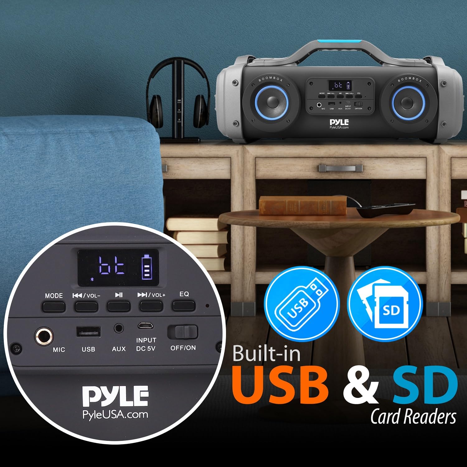 Pyle Wireless Portable Bluetooth Boombox Speaker - 800W Rechargeable Loud Stereo System with AUX, USB, 1/4