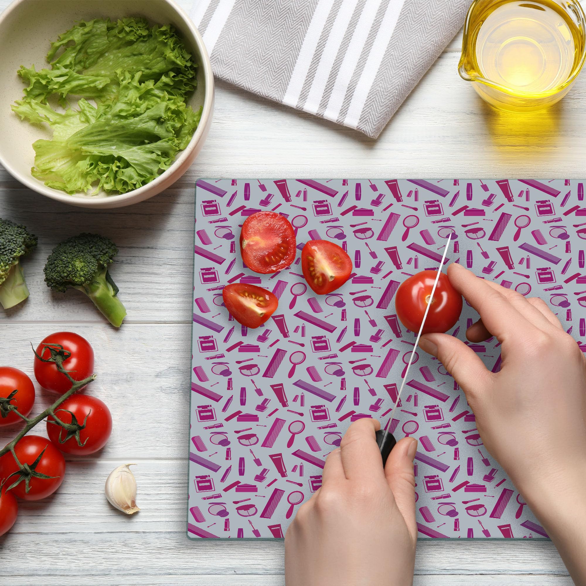 Ambesonne Pale Pink Glass Cutting Board - Decorative Tempered Glass Serving Board with Magenta Pink & Purple Comb Pattern - Large Size Kitchen Accessory for Food Prep, Charcuterie & Home Decor