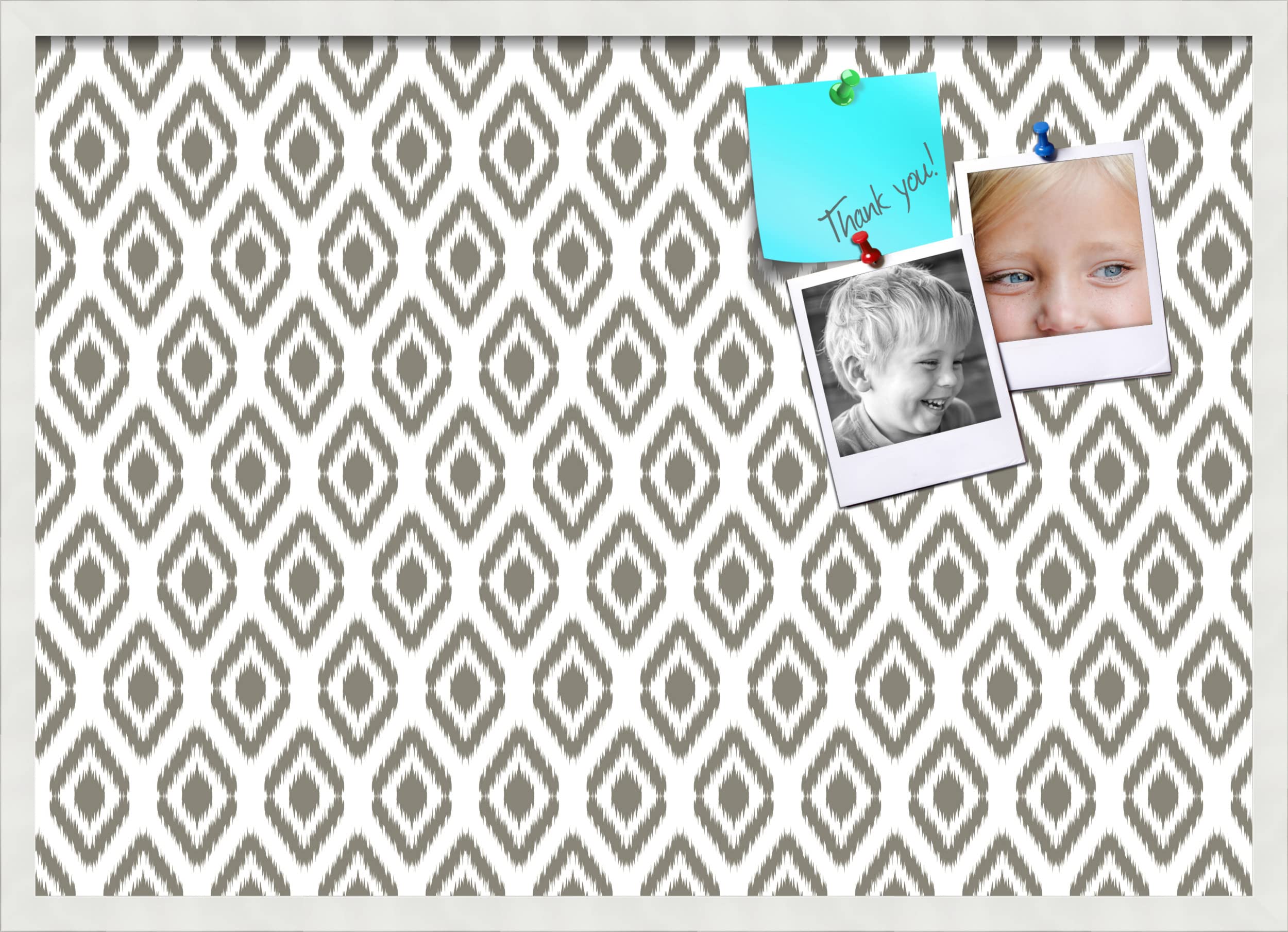 PinPix 34x24 Inch Cork Bulletin Board with Ikat Pewter Design & Satin White Frame - Decorative Framed Pin Board for Home Office School Decor - Perfect for Notes, Photos, Reminders & Wall Organization