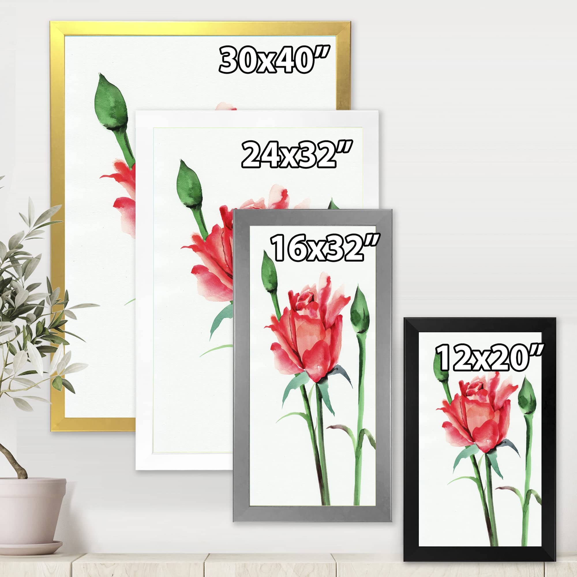 DesignQ Red Rose With Buds Traditional Framed Wall Art - Elegant Home Decor for Living Room, Bedroom & Office - Perfect Gift for Housewarming & Wedding