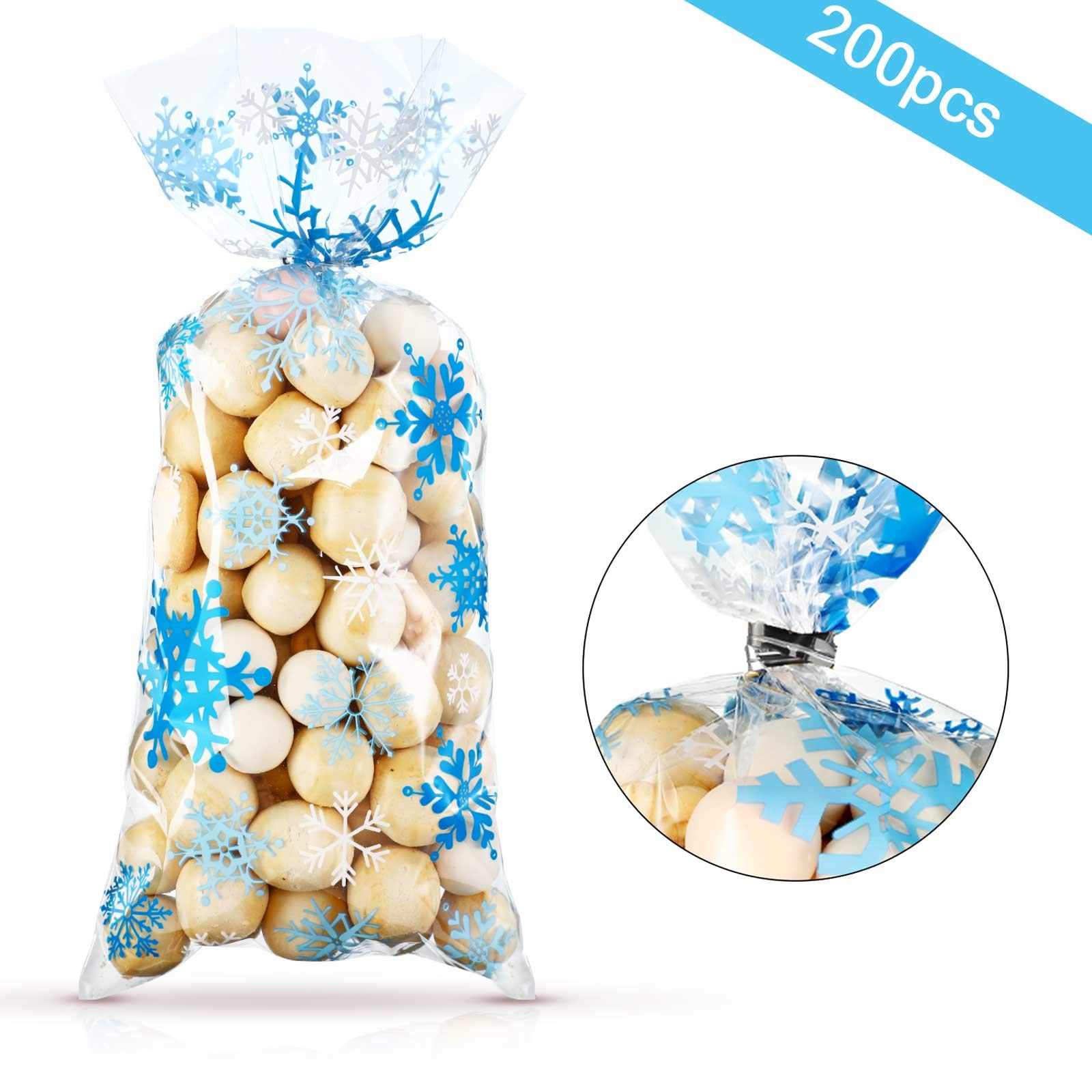 Blulu 200 Pcs Christmas Cellophane Bags with Twist Ties - Snowflake Holiday Treat Bags for Candy, Cookies & Party Favors | Winter Wonderland, Xmas, Birthday & Holiday Party Decorations
