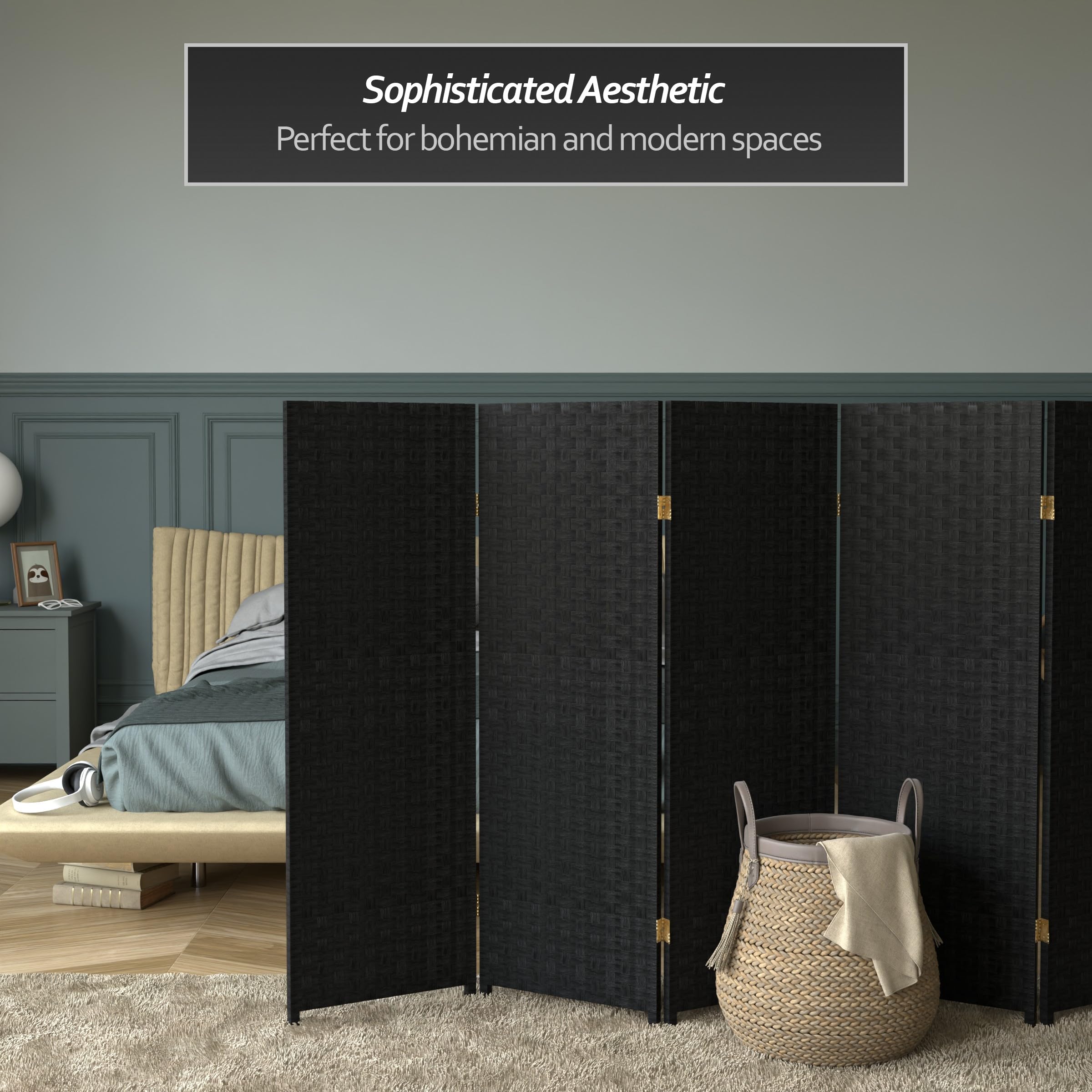 4 ft. Short Woven Fiber Folding Room Divider - Black 6-Panel Privacy Screen for Home, Office, or Outdoor Use - Space Separator for Living Room, Bedroom, Patio, and Events
