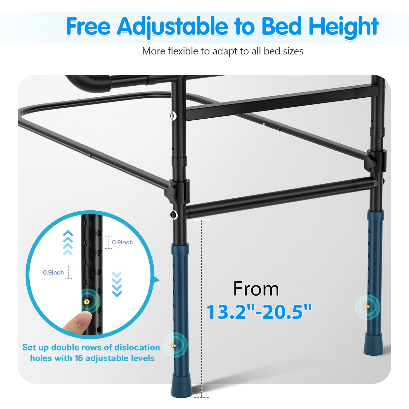 FORTEMOTUS Heavy Duty Bed Rails for Elderly Adults - Foldable Safety Bed Assist Rails with Extendable Guard Rails, Adjustable Height, Storage Pocket & Safety Belt (Supports 450lbs) - Ideal for Senior Home Care & Fall Prevention