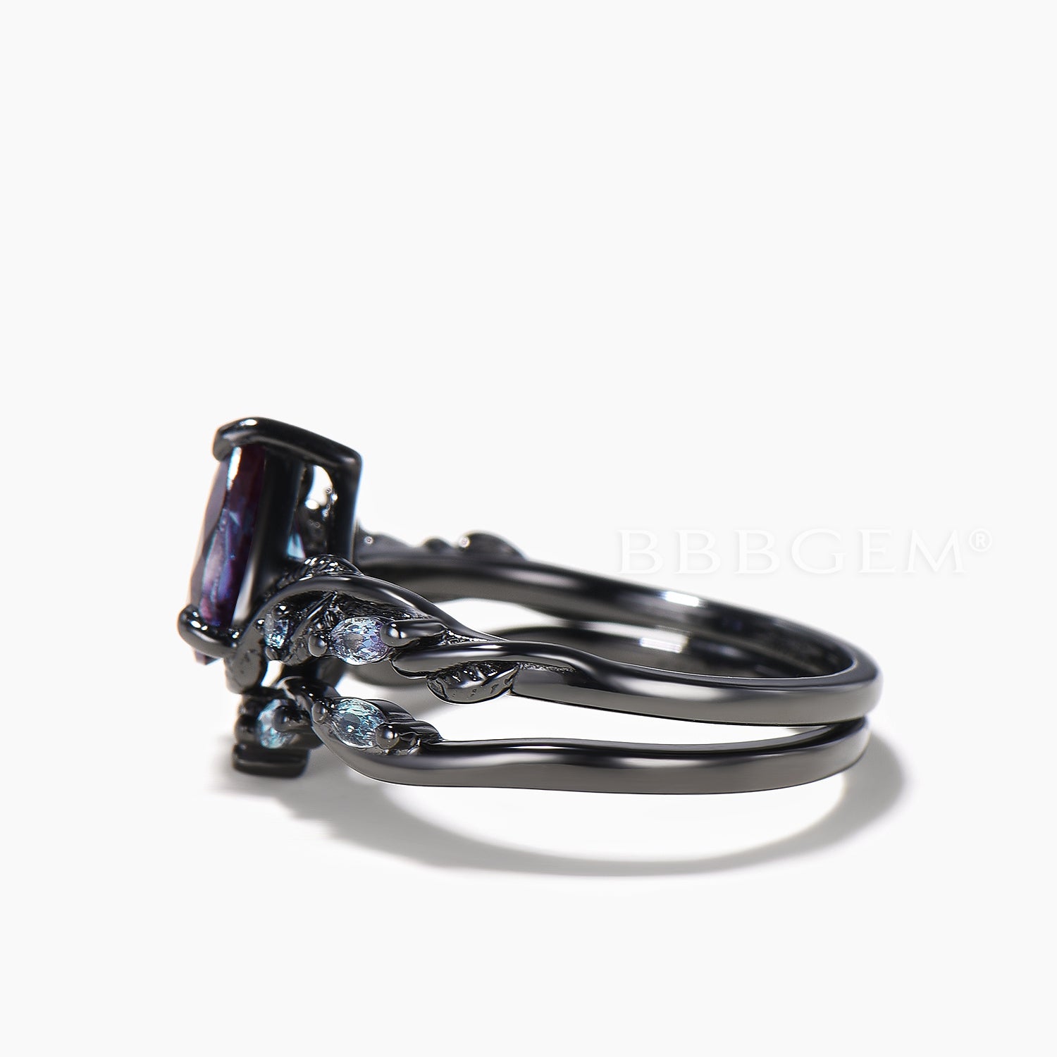Teardrop Color Changing Alexandrite Bridal Ring Set - Black Gold Twisted Nature Inspired Wedding Band for Engagement, Anniversary & Special Occasions