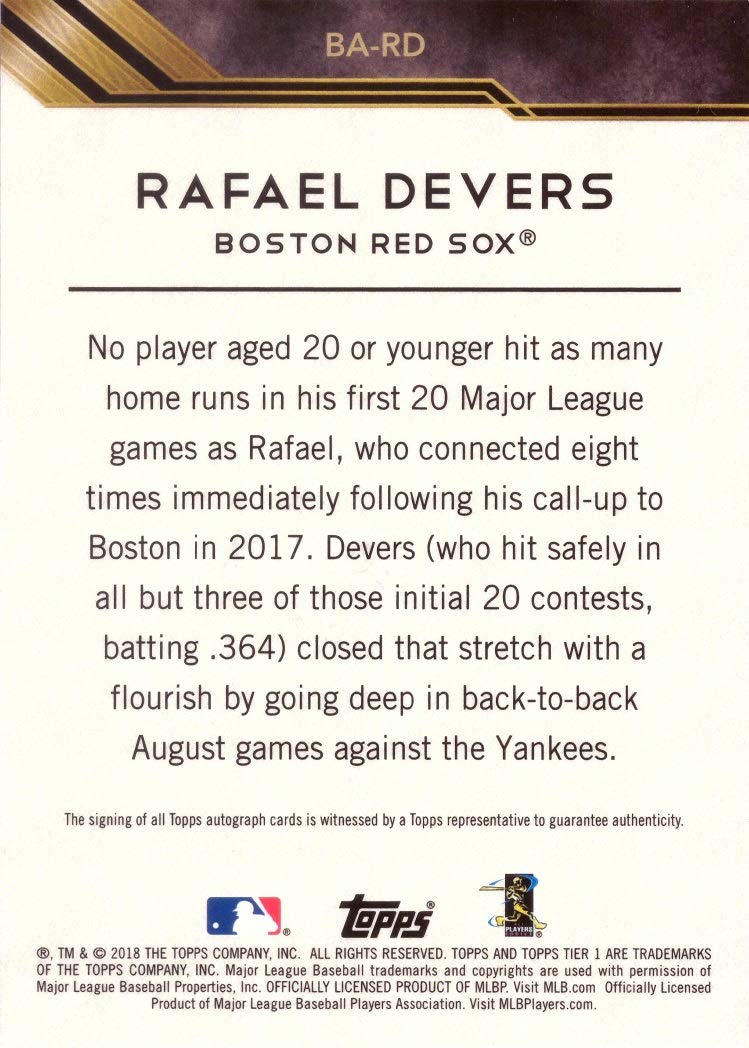 2018 Topps Tier One Rafael Devers Autograph Rookie Baseball Card #BA-RD - Limited Edition of 100 - Collectible Sports Memorabilia for Fans and Investors - Perfect for Display, Trading, and Gift Giving