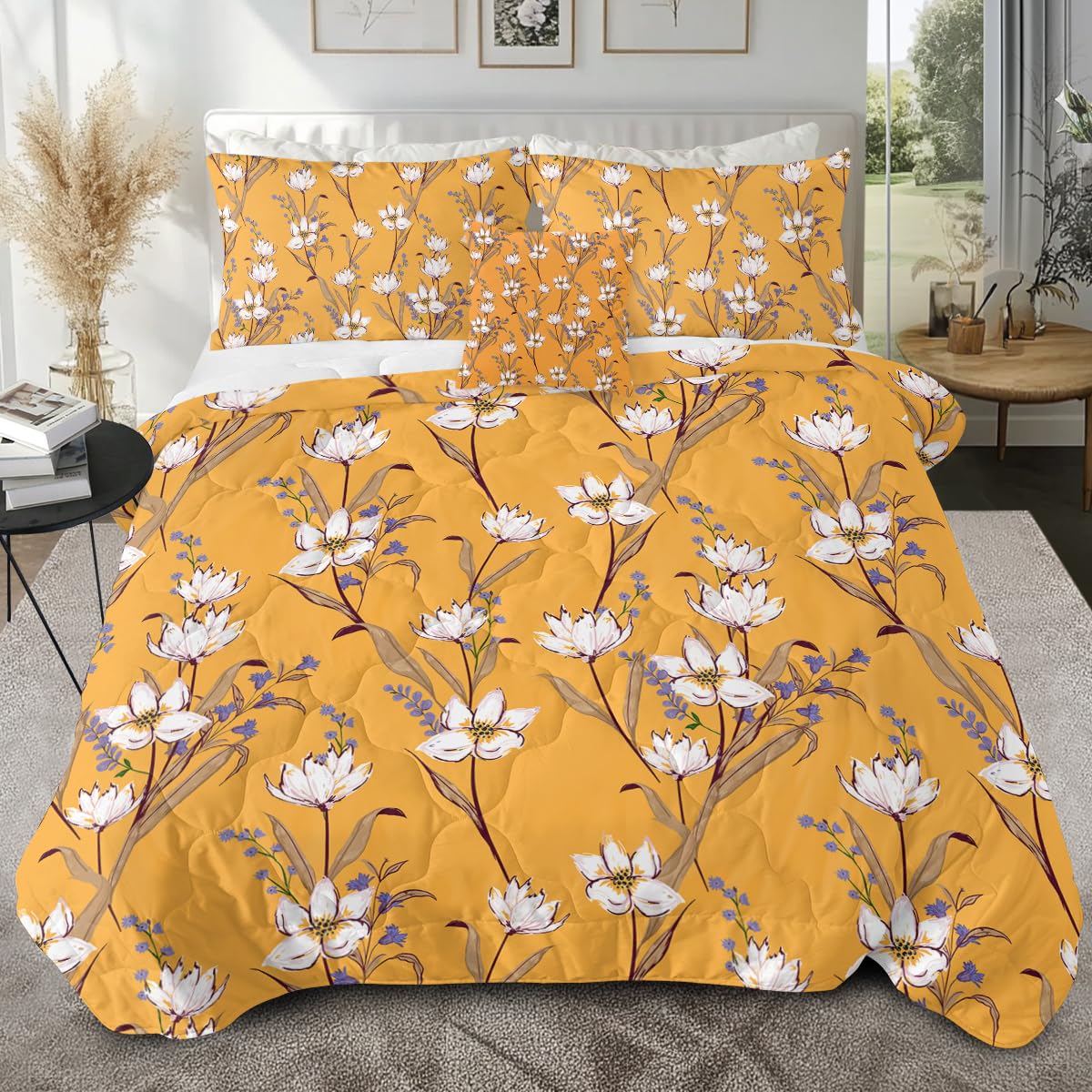 Sleepwish Blooming Flowers Comforter Set - Soft Botanical Bedding with White Floral Pattern on Orange Background, Ultra Soft Microfiber Fashion Print Bedding (4pcs, Twin Size) - Perfect for Spring Bedroom Decor & Guest Room Makeover