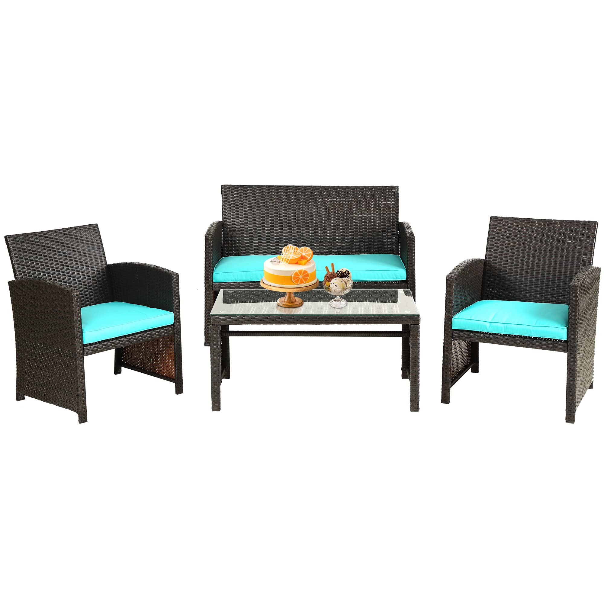 Premium 4-Piece Wicker Rattan Patio Furniture Set with Blue Cushions - Outdoor Conversation Set for Garden, Porch, Poolside & Balcony - Durable FDW Lawn Chairs Perfect for Relaxing & Entertaining
