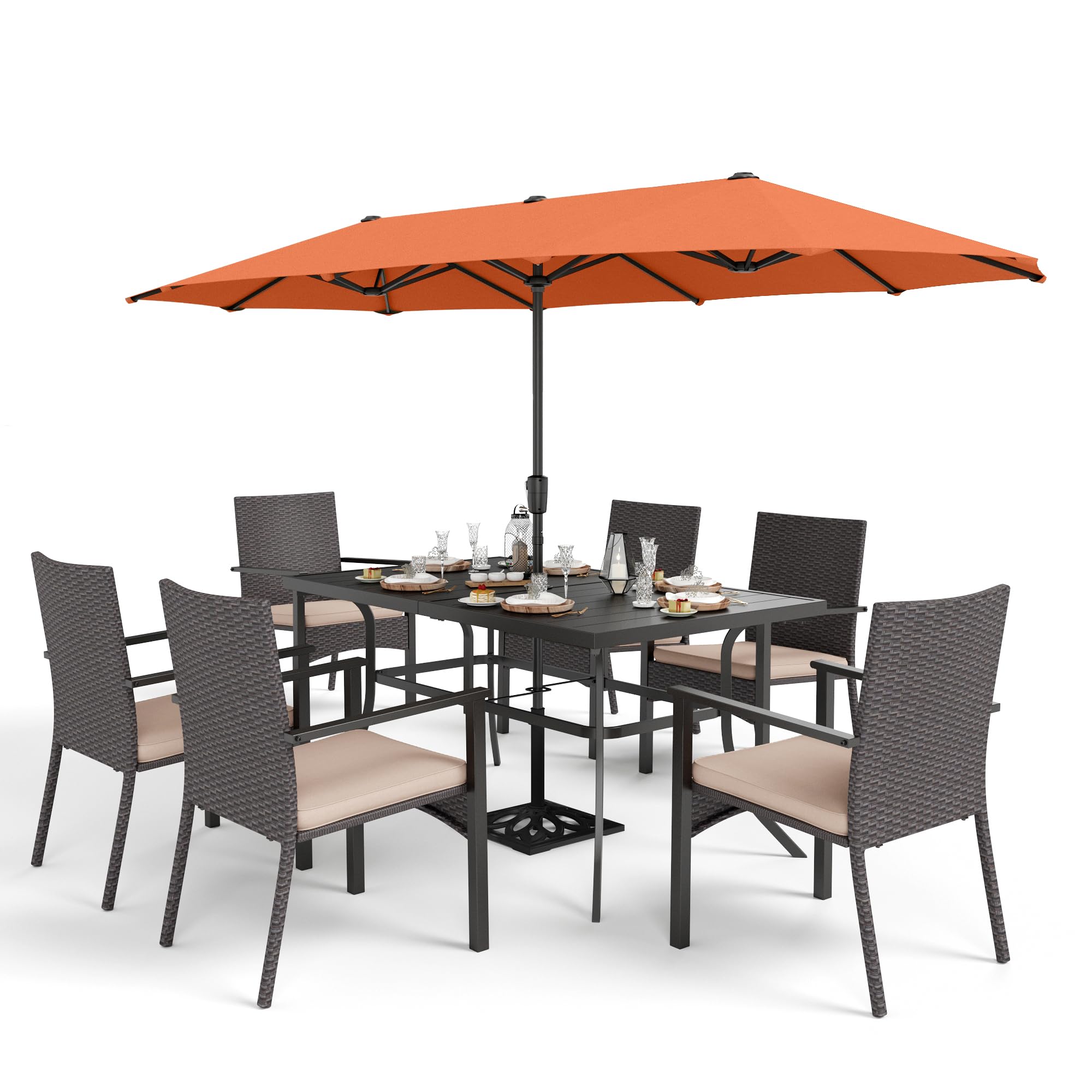 7-Piece Outdoor Dining Set with 13ft Red Patio Umbrella - Metal Table & Rattan Chairs for 6 People - Includes Cushions & 1.6