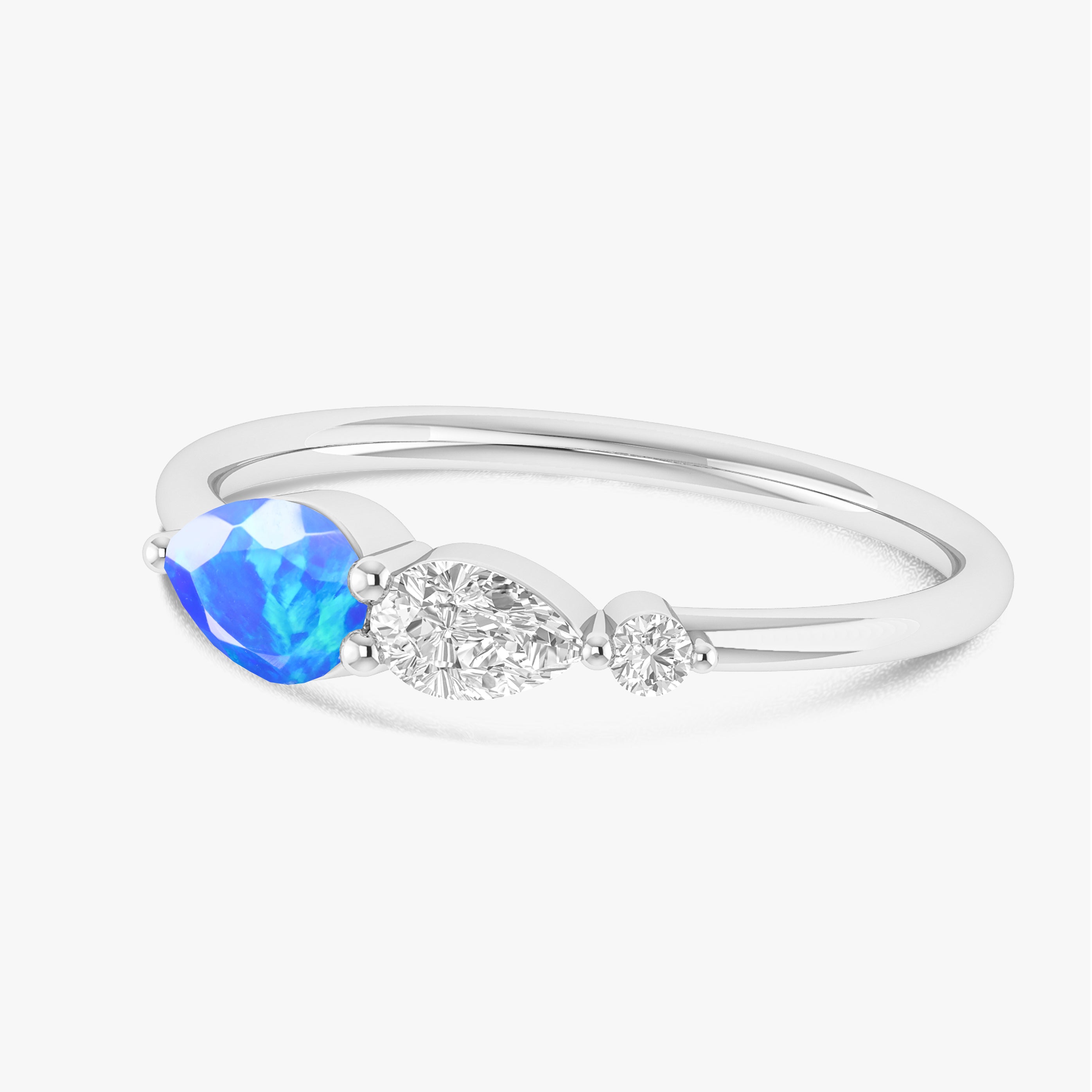 Blue Fire Opal Pear Three Stone Ring – Elegant Jewelry for Women, Perfect for Weddings, Anniversaries & Special Occasions
