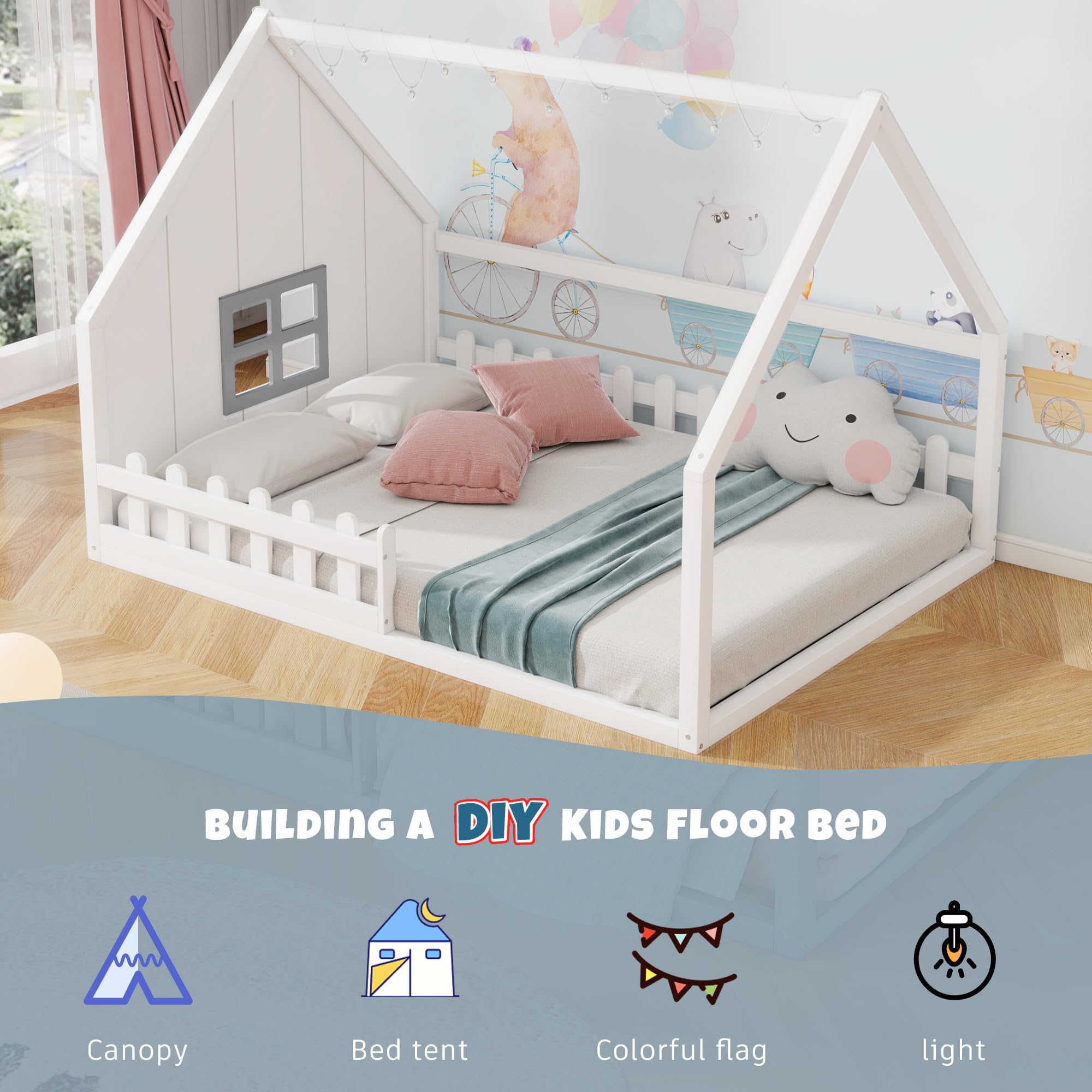 Merax Full Size Wooden Montessori Floor Bed for Kids with LED Lights, Safety Fence & Window - Toddler Bed Frame for Boys & Girls in White - Perfect for Montessori Bedrooms, Playrooms & Safe Sleep Spaces