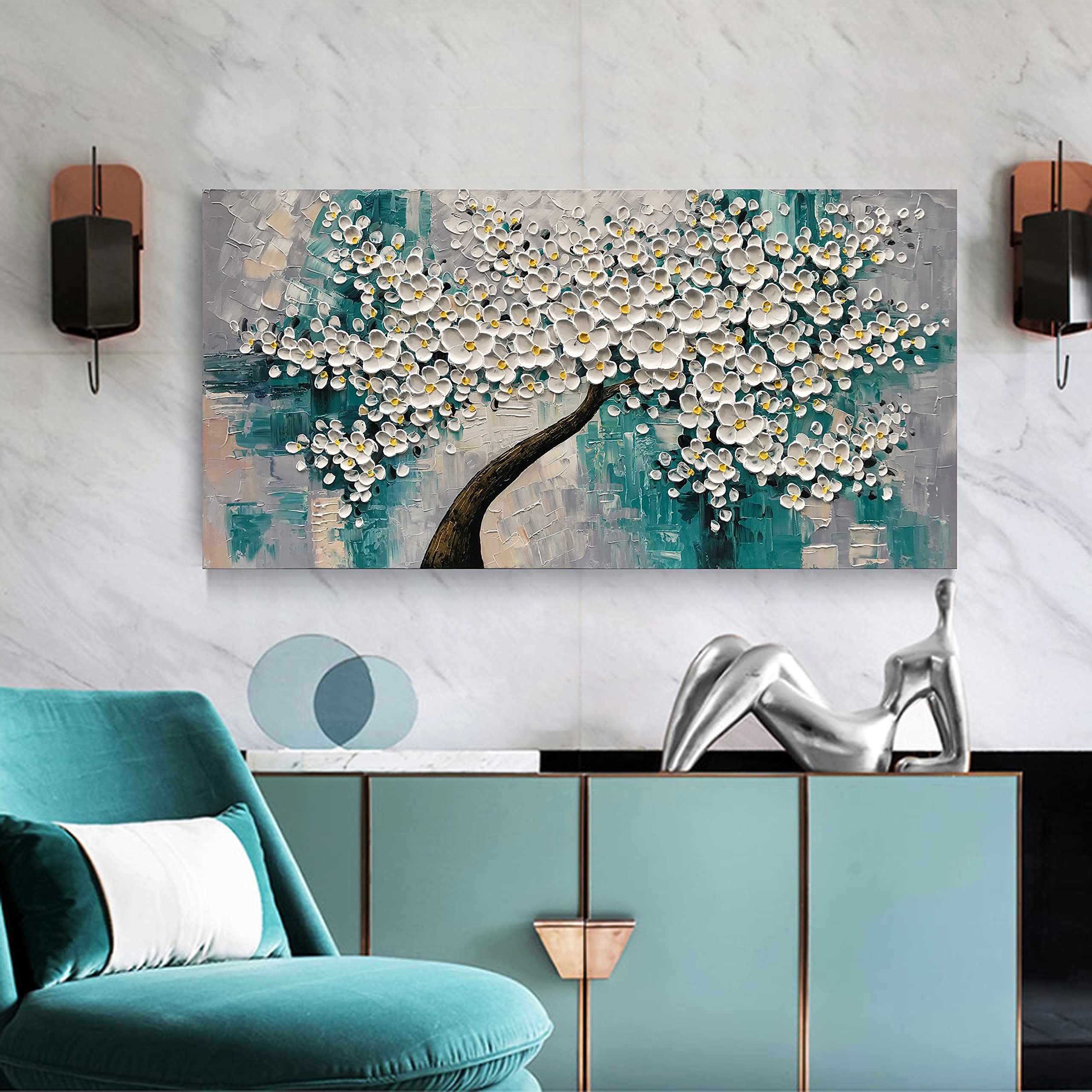 3D Abstract White Flower Tree Oil Painting - Textured Palette Knife Art - Modern Canvas Wall Decor for Living Room, Bedroom & Office (24x48 Inches) - Perfect for Home Decoration & Gift Giving