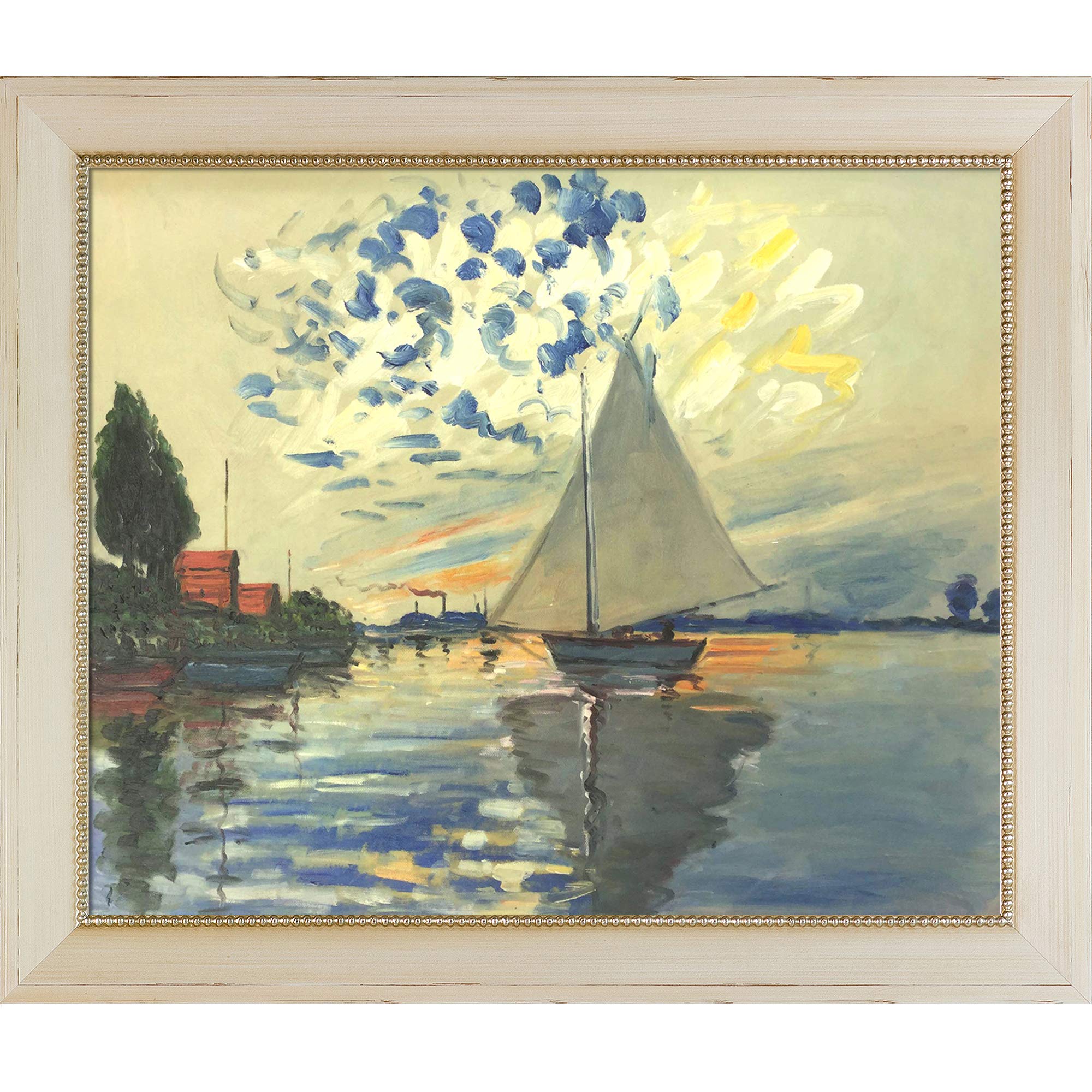 Hand Painted Oil Painting Reproduction - Monet Sailboat at Le Petit-Gennevilliers with Constantine Frame, 28.5x24.5 Inch, Wall Art Decor for Living Room, Bedroom, Office