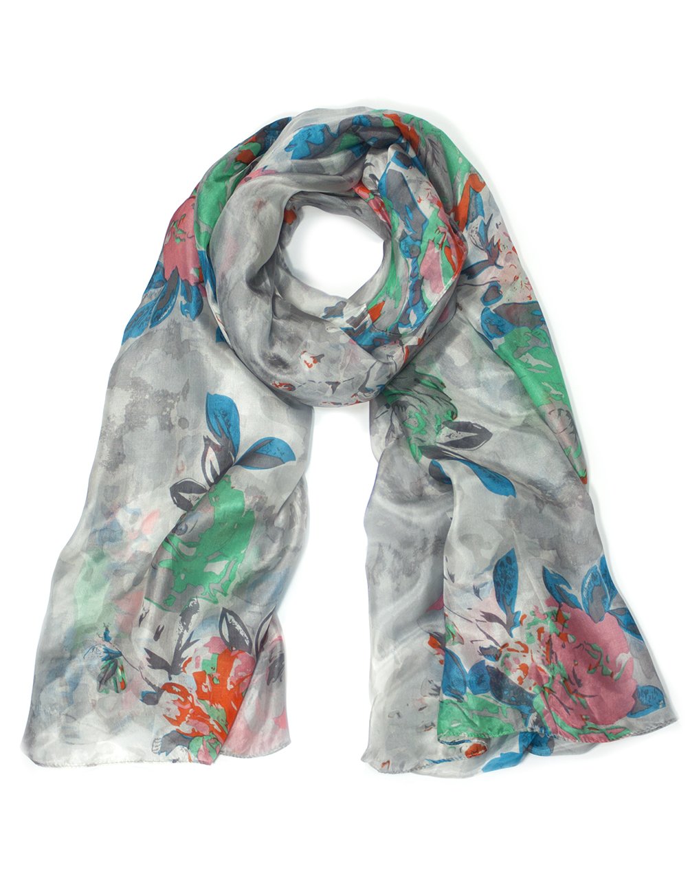 Elegant Dahlia Women's Long Sheer Silk Scarf - Abstract Rose Pattern in Gray | Perfect for Office, Evening Events & Gift Giving