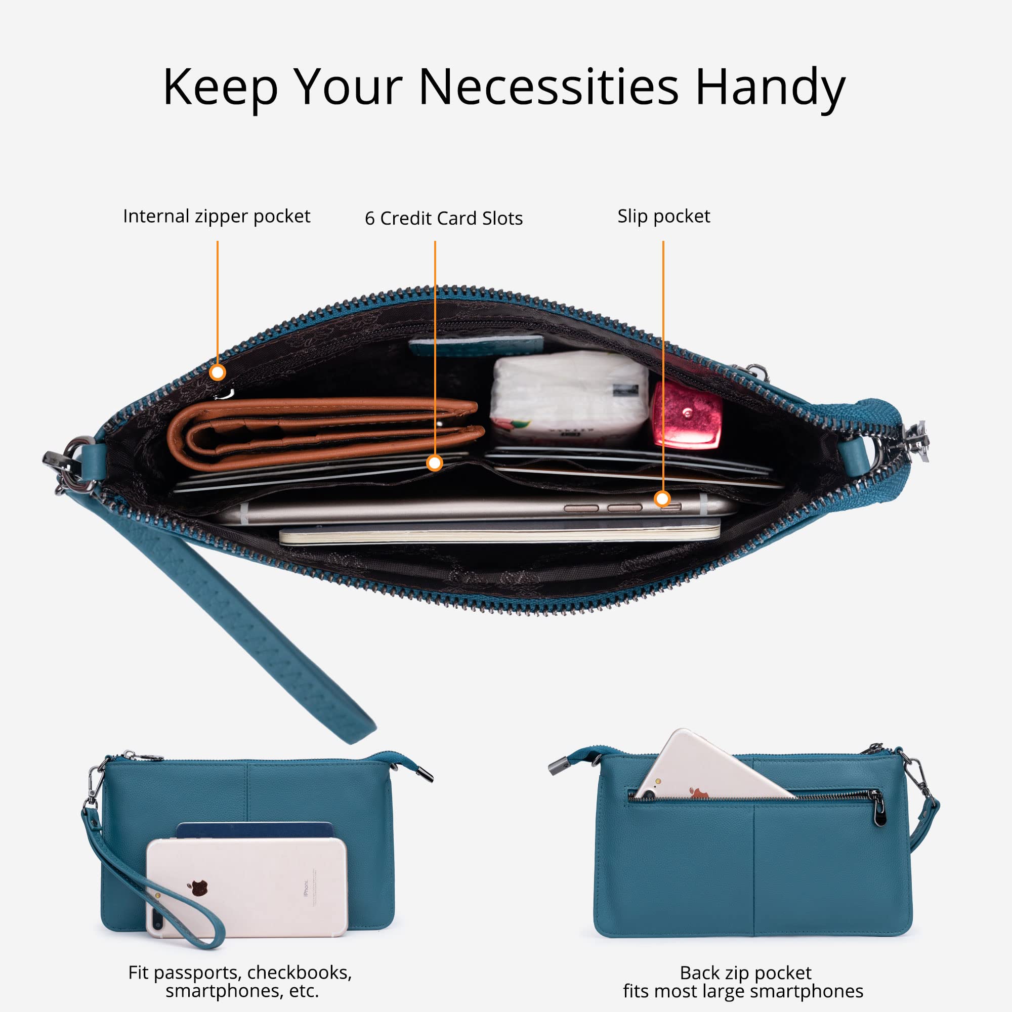 Bveyzi Genuine Leather Wristlet Purse for Women - Elegant Envelope Clutch Wallet & Small Crossbody Bag - Perfect for Evening Parties, Weddings, and Formal Events