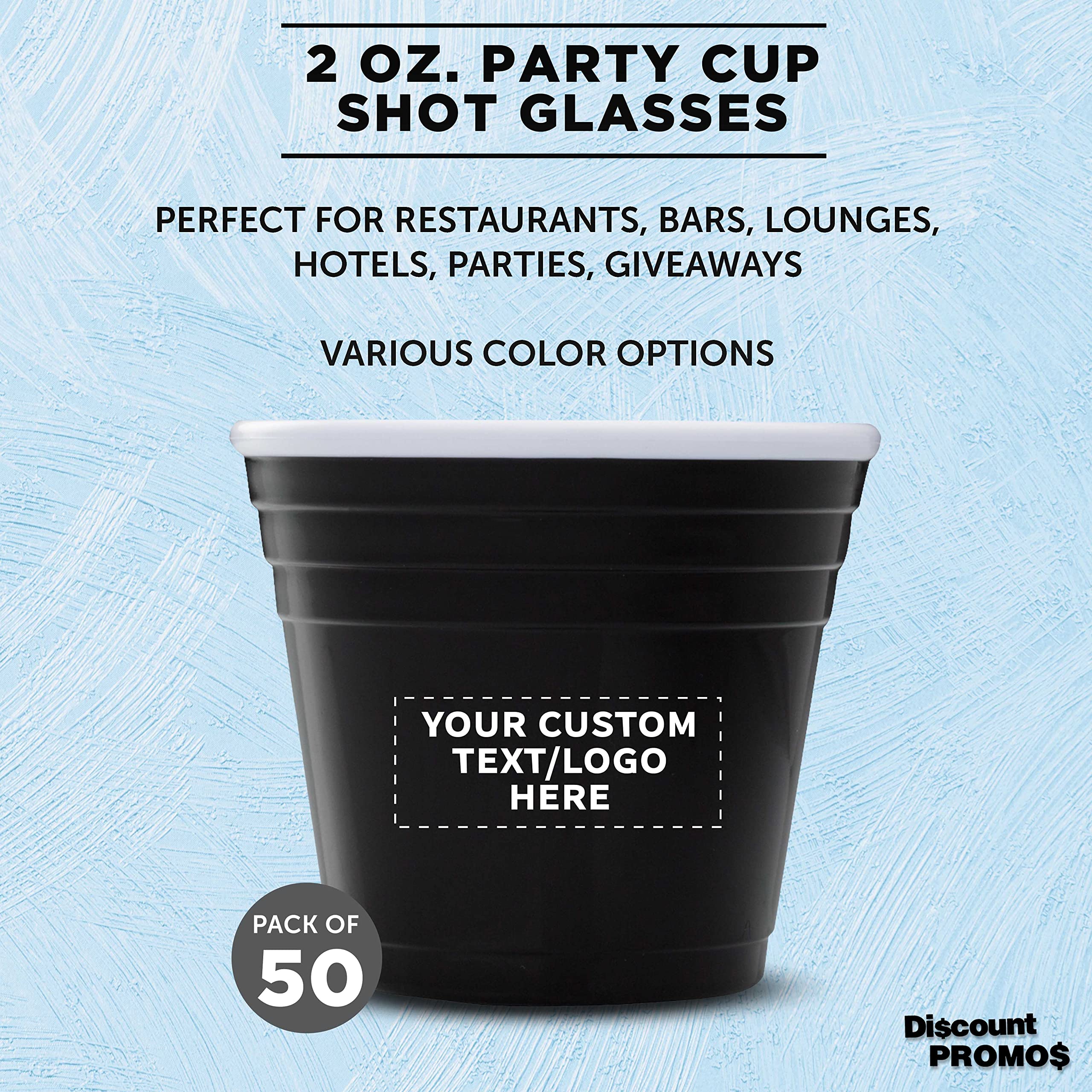 Custom 2 oz Party Shot Glasses - Bulk Pack of 50 Personalized Plastic Cups for Birthdays, Events & Celebrations - Durable Black Drinking Glasses for Indoor/Outdoor Parties, Weddings & Bar Gatherings