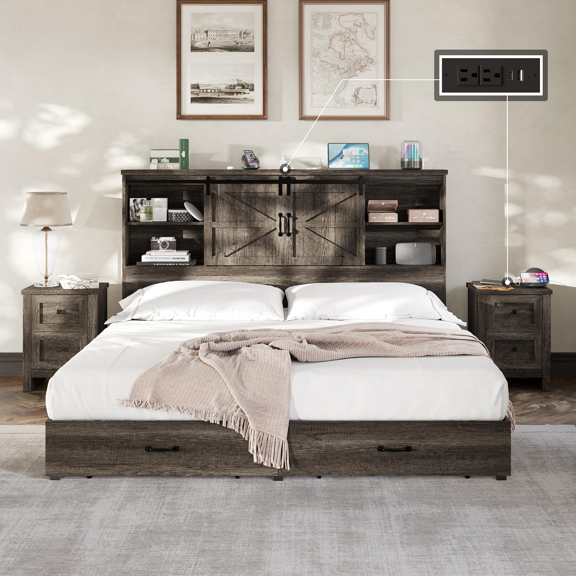 AMERLIFE Farmhouse Queen Bedroom Set - Wood Platform Bed with 51.2