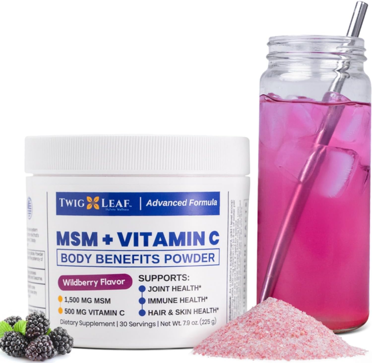 Twig & Leaf MSM + Vitamin C Powder for Hair Growth, Nail Strength & Joint Support | Wildberry Flavor | 30 Servings Non-GMO Gluten-Free Sulfur Supplement (7.9 Oz) | Perfect for Daily Wellness Routine & Active Lifestyle