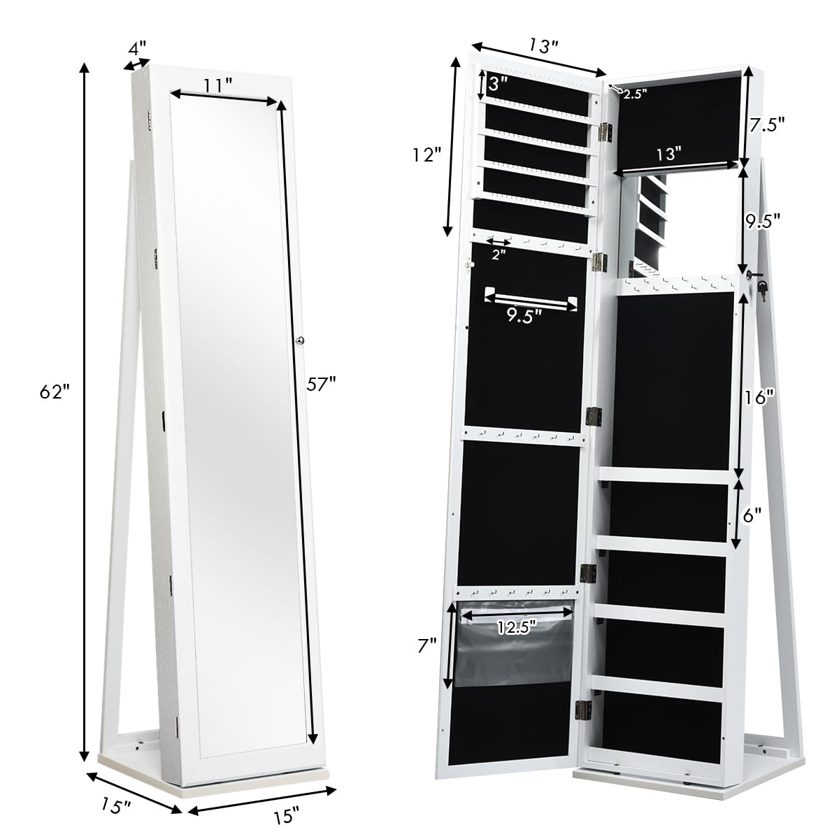 Charmaid Standing Jewelry Armoire with Full Length Mirror - 2-in-1 Lockable Jewelry Cabinet Organizer with Large Storage, Makeup Mirror & Stable Base - Easy Assembly (White) | Perfect for Bedroom, Closet & Dressing Room Organization