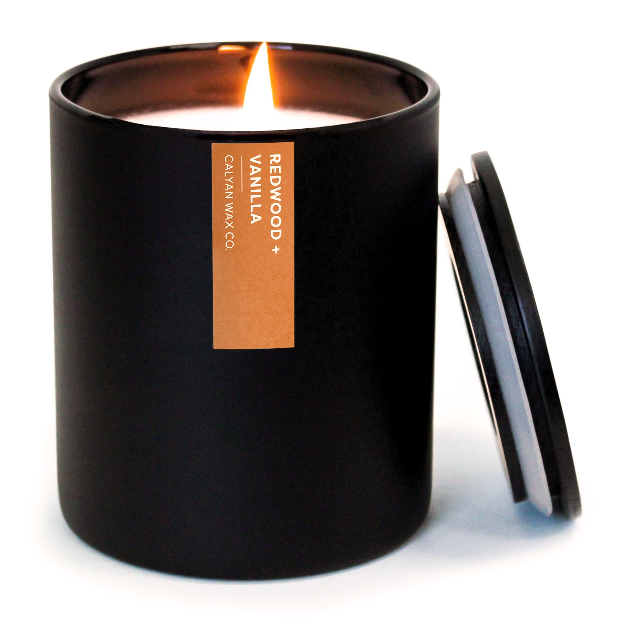 Calyan Wax Co. Soy Wax Candle - Redwood Vanilla Scent, 75-Hour Burn Time, Non-Toxic Vegan Aromatherapy Candle in Black Tumbler (13oz) | Relaxing Home Scent for Bedroom, Yoga & Spa