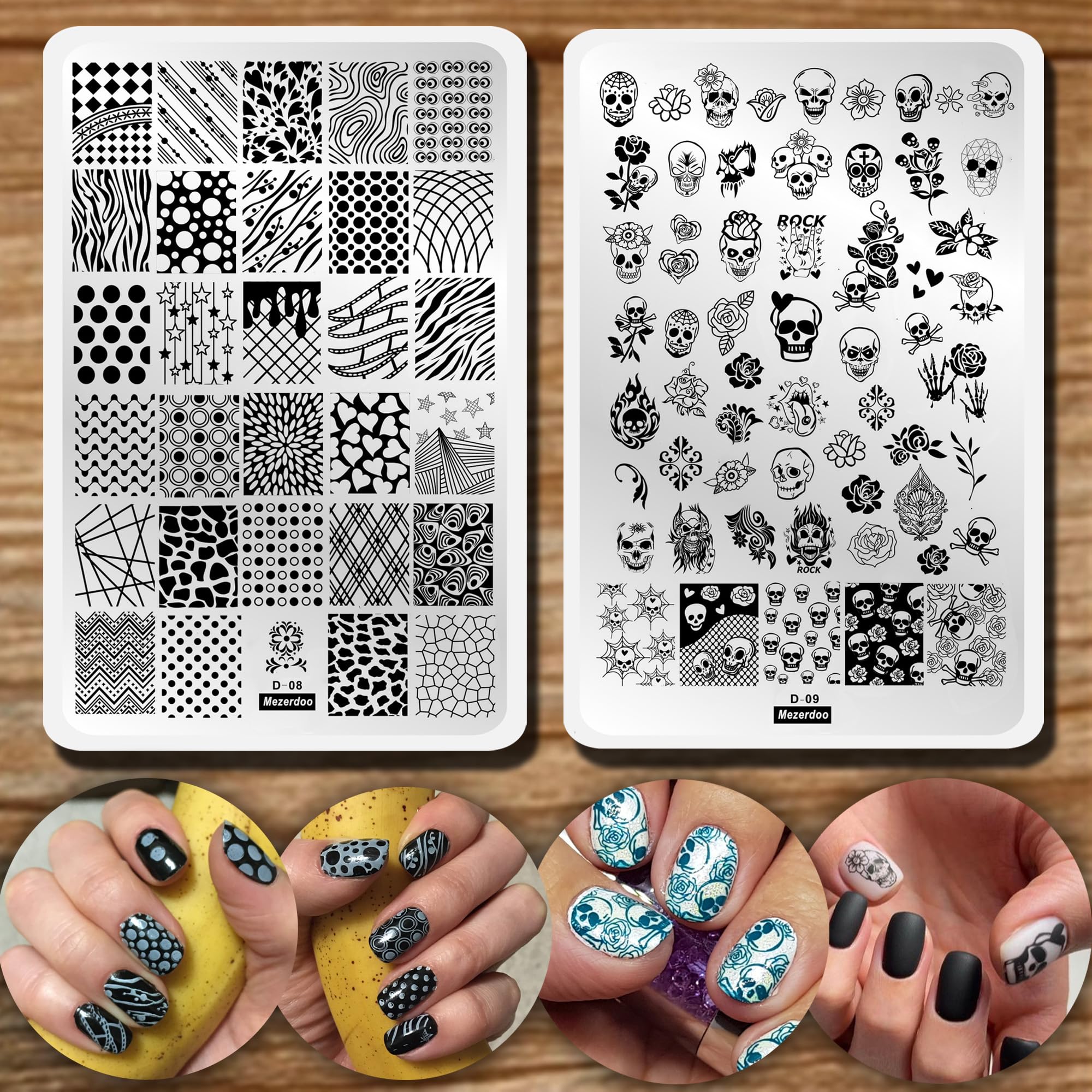 Mezerdoo 2-Piece Nail Stamping Plates Set - 9.5x14.5cm Geometric Skull Design for Nail Art, Manicure Stamping Templates with Stripe, Dot & Love Patterns - Perfect for Halloween, Gothic & Creative Nail Designs