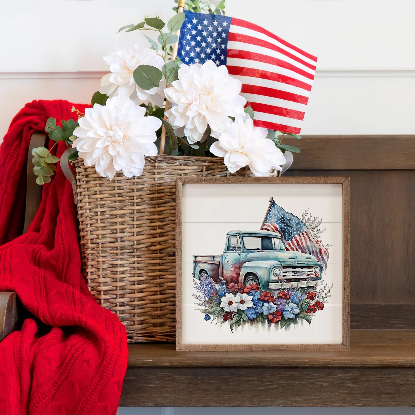Blue Truck with American Flag - Wood Framed Wall Art Print for Home & Office Decor | Perfect for Living Room, Bedroom or Man Cave