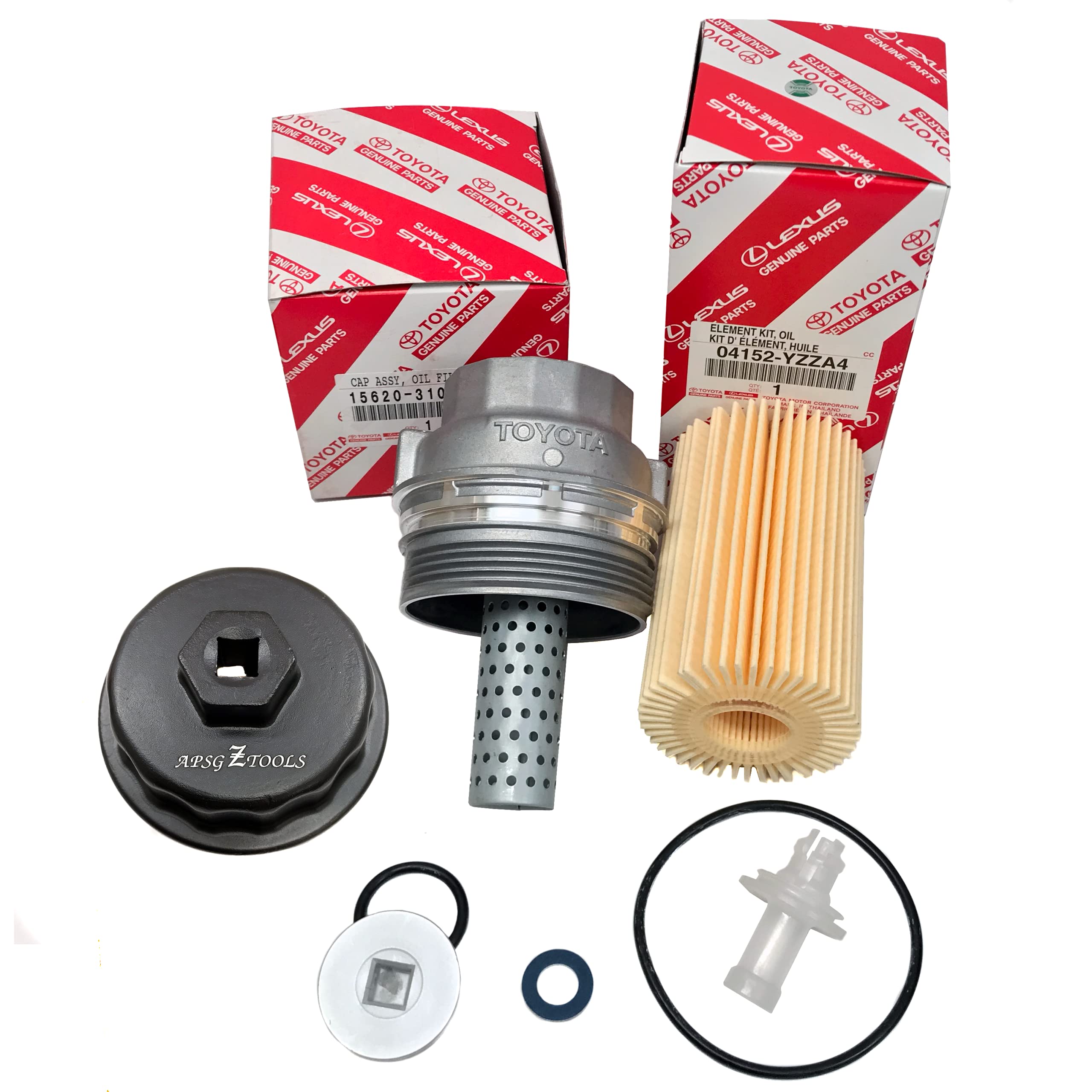Genuine 04152-YZZA4 Oil Filter Kit with 15620-31060/A4 Housing Cap & 15643-31050 Cap Plug - Includes APSG Wrench & Crush Washer for Toyota, Lexus, Scion Vehicles - Perfect for DIY Oil Changes & Engine Maintenance