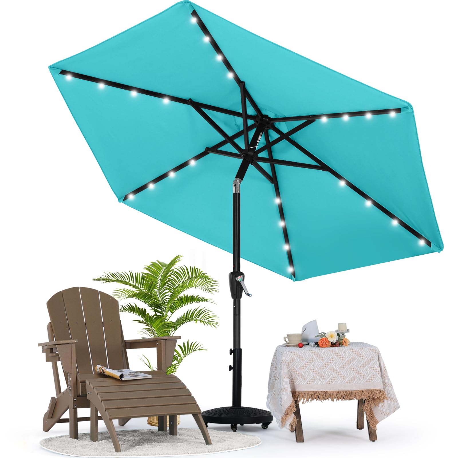 MASTERCANOPY 7.5ft Turquoise Solar LED Patio Umbrella - Waterproof Outdoor Market Table Umbrella with Auto Tilt for Garden, Poolside, Restaurant & Backyard