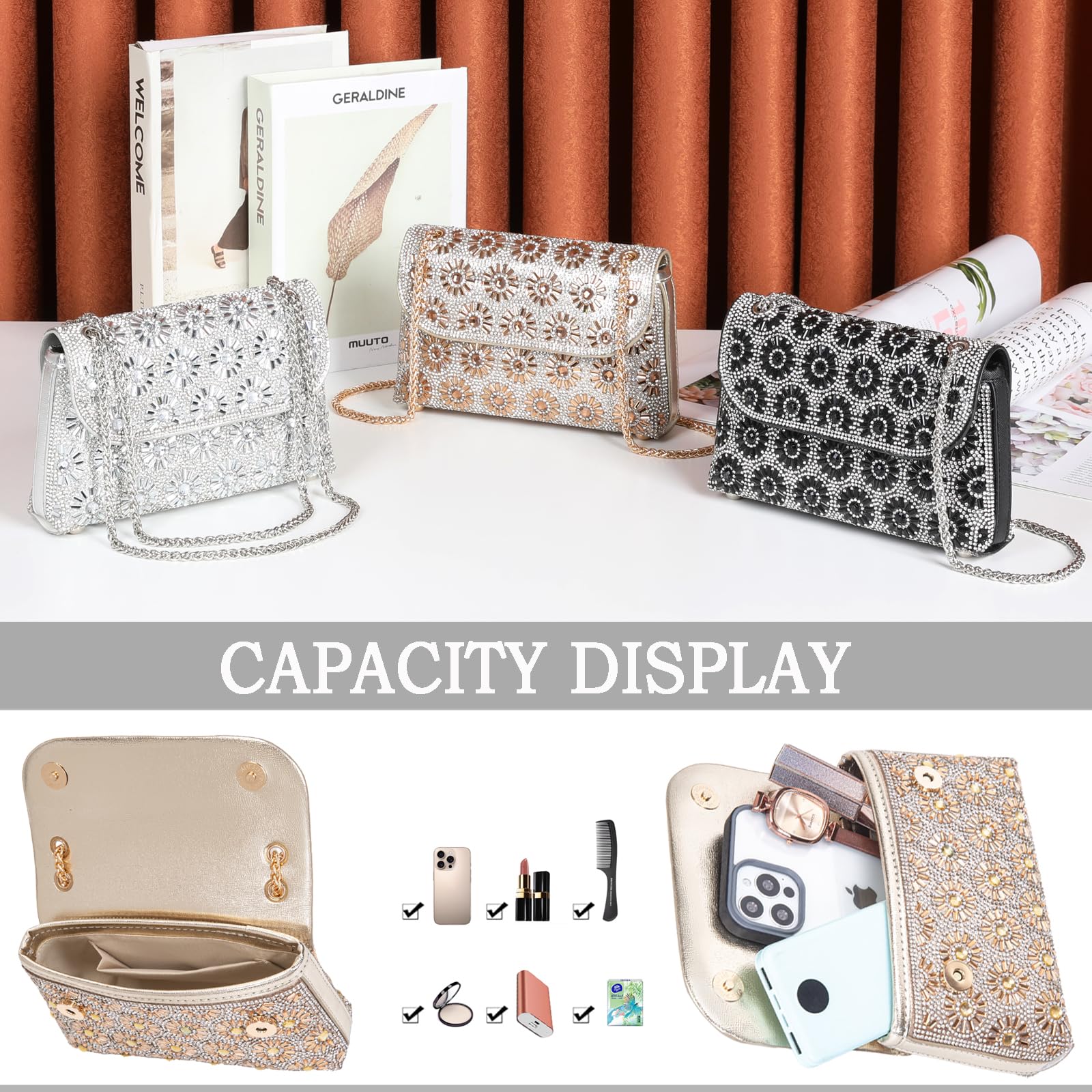 Elegant Rhinestone Crossbody Shoulder Bag for Women - Sparkling Crystal Evening Clutch Purse with Chain - Perfect for Parties, Weddings & Special Occasions